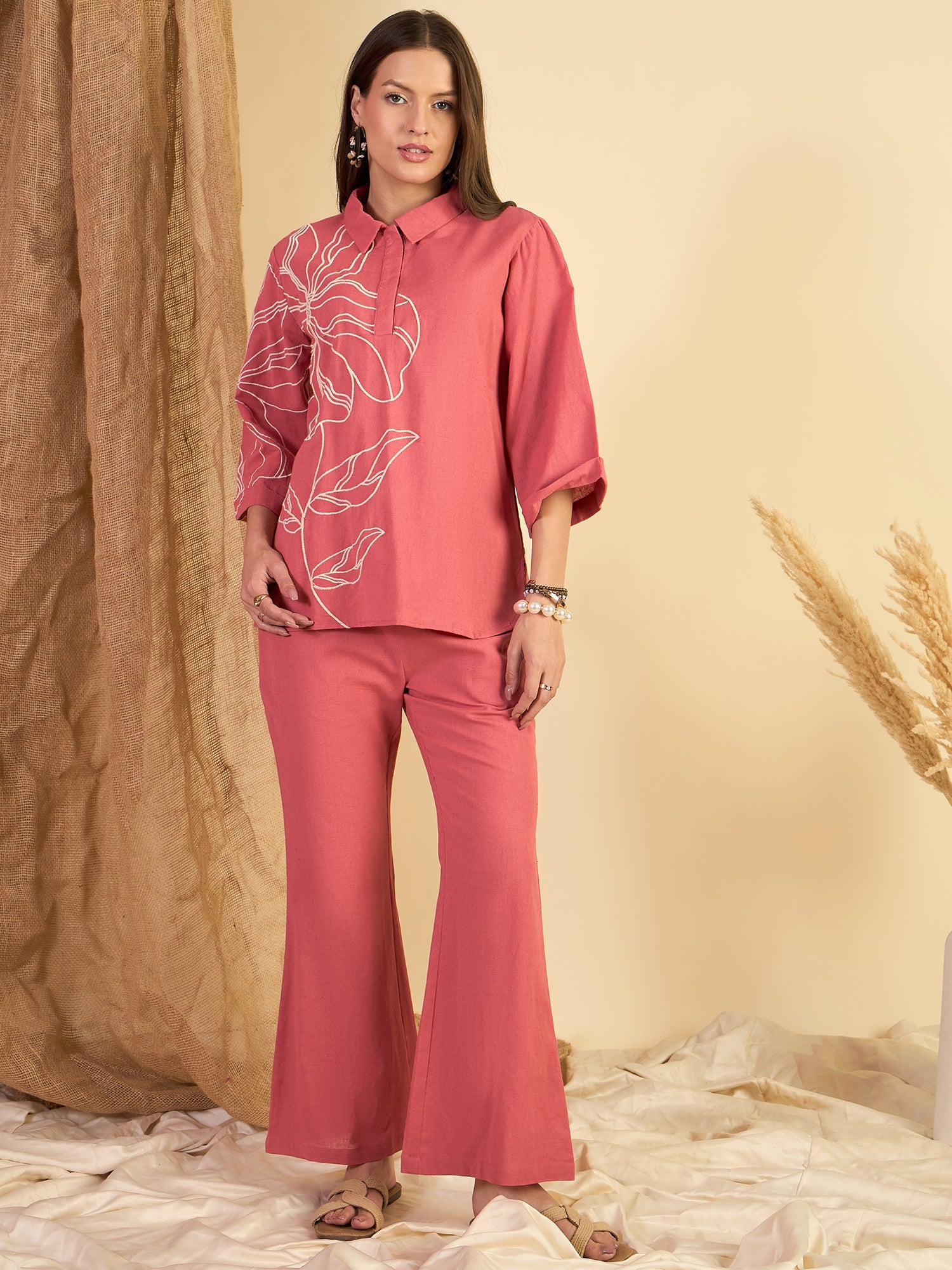 Rust Cotton Embroidered Tunic With Trouser Co-Ords Set