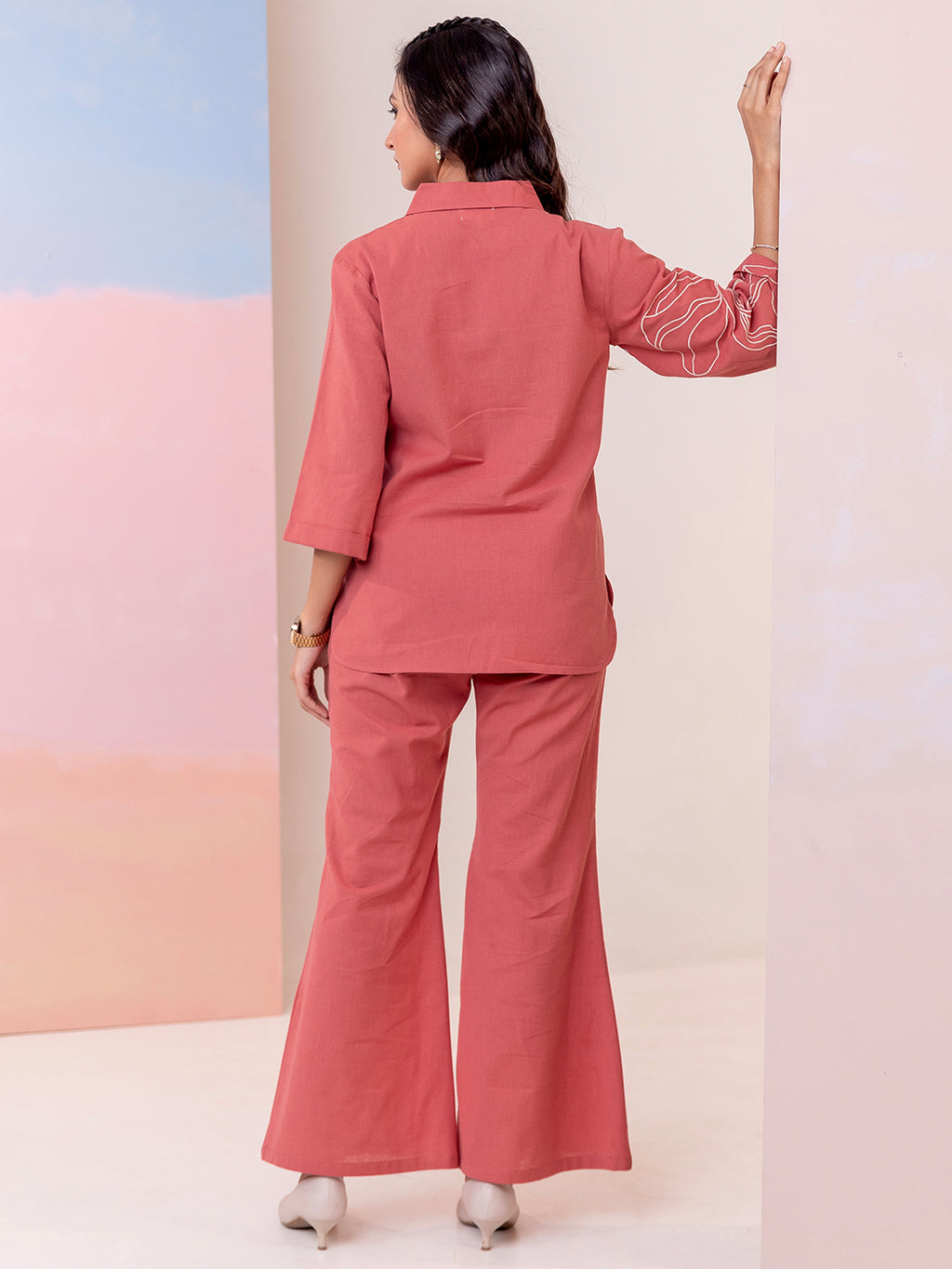 Rust Cotton Embroidered Tunic With Trouser Co-Ords Set