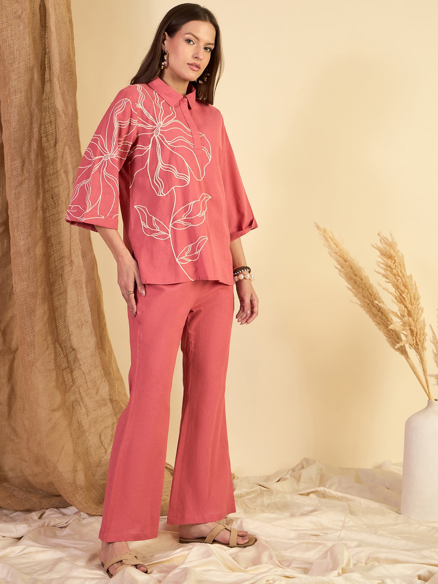 Rust Cotton Embroidered Tunic With Trouser Co-Ords Set