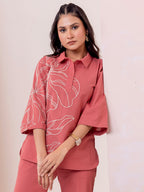 Rust Cotton Embroidered Tunic With Trouser Co-Ords Set