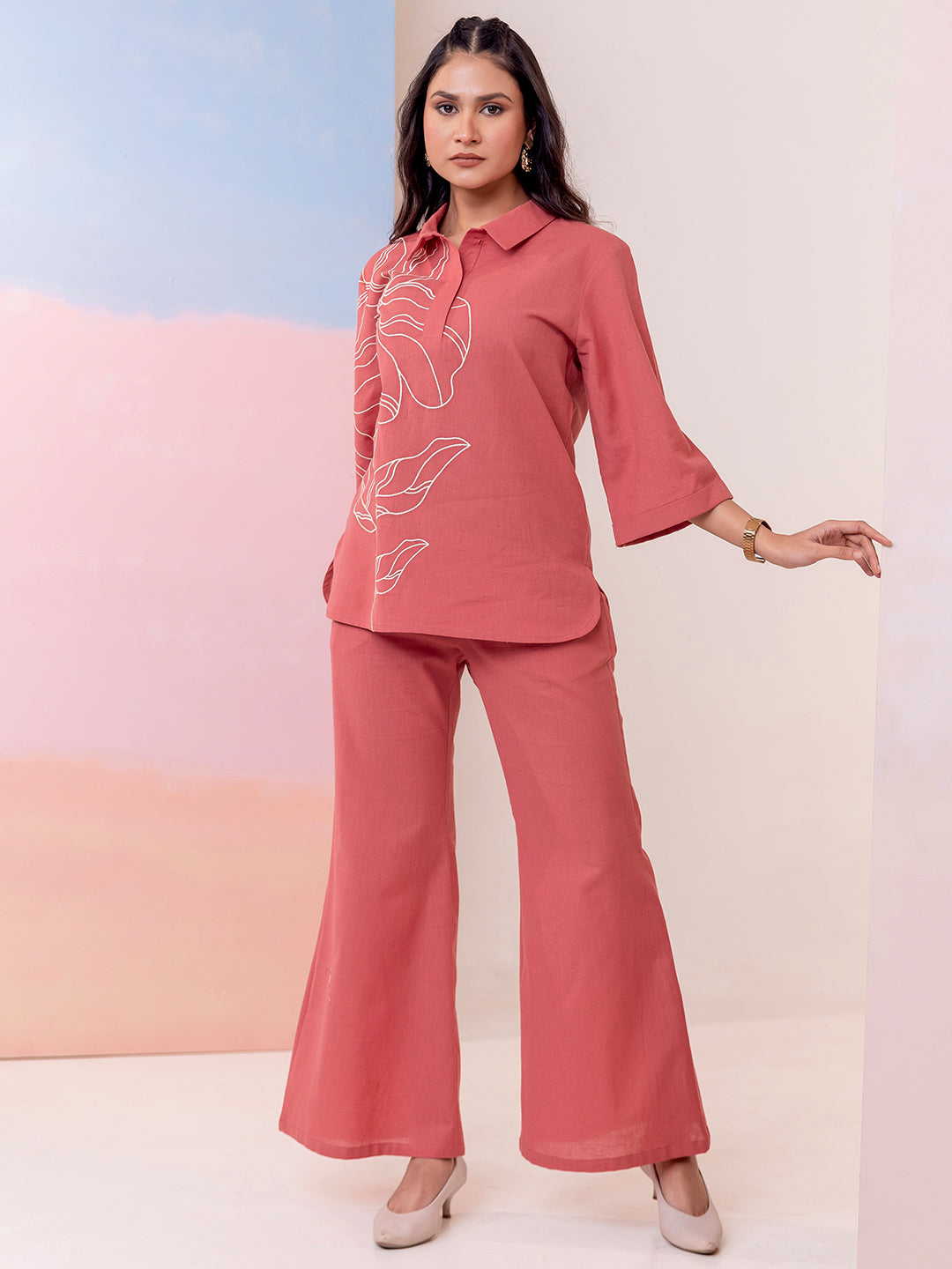 Rust Cotton Embroidered Tunic With Trouser Co-Ords Set