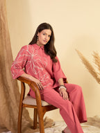 Rust Cotton Embroidered Tunic With Trouser Co-Ords Set