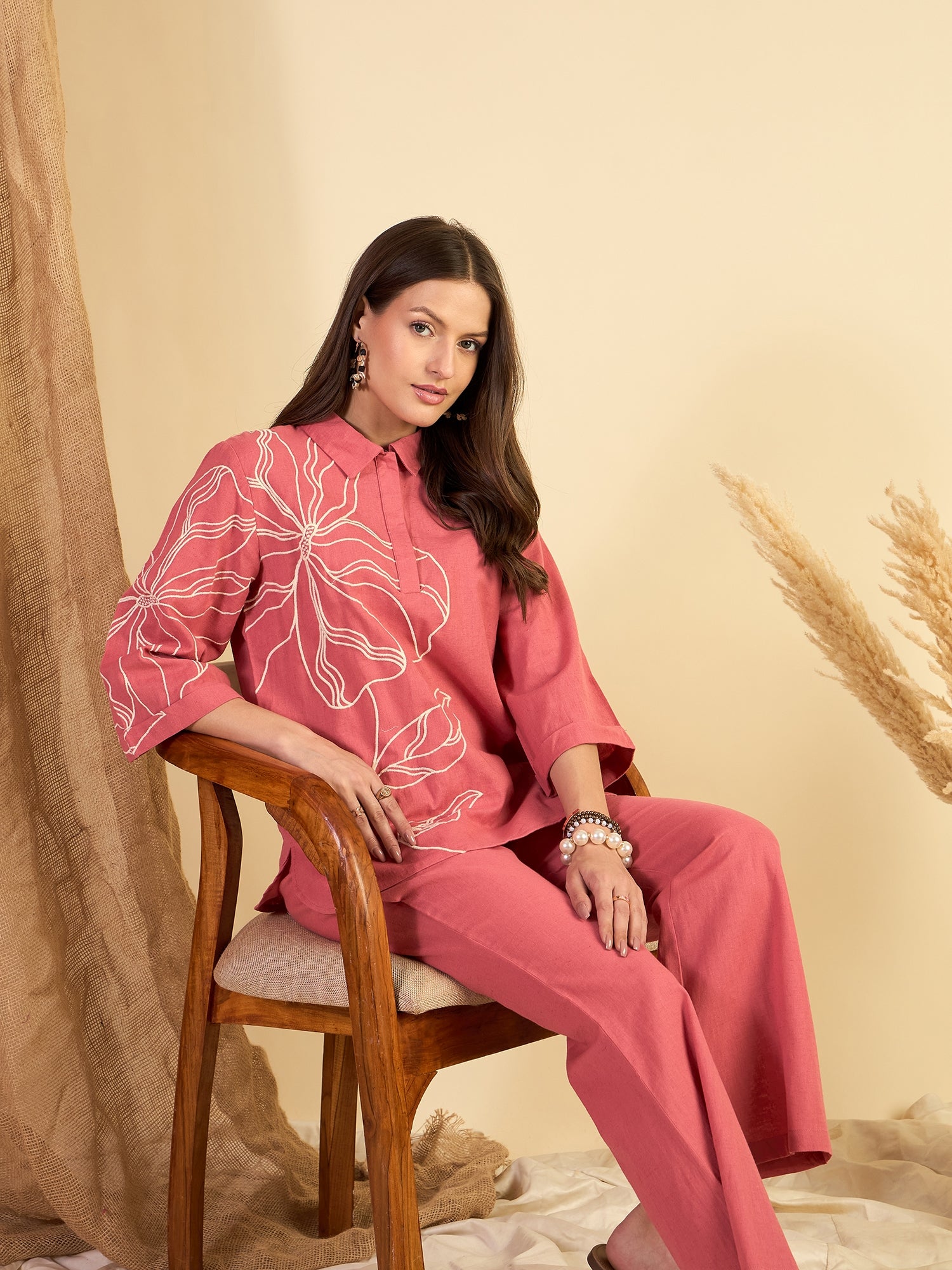 Rust Cotton Embroidered Tunic With Trouser Co-Ords Set