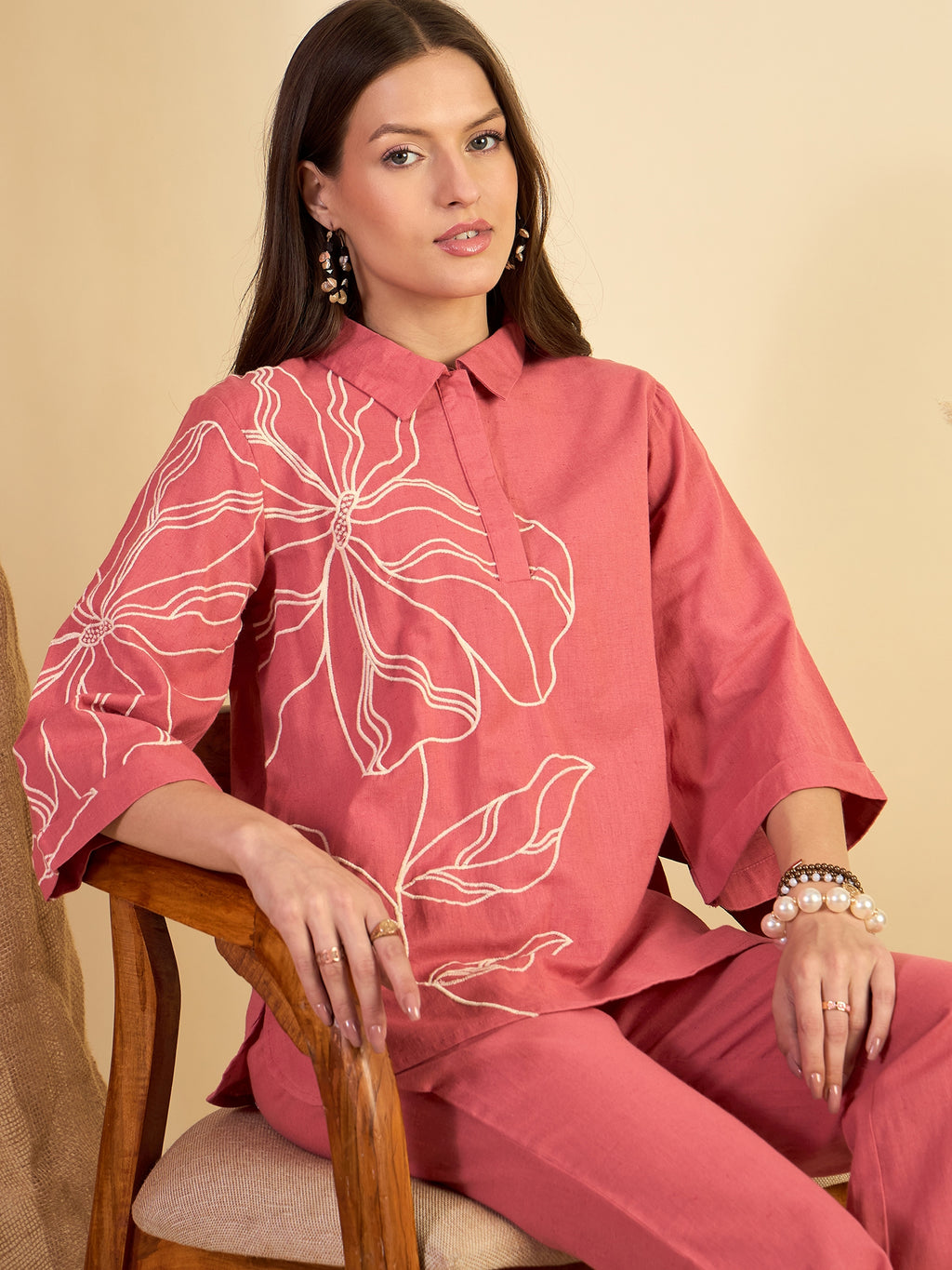 Rust Cotton Embroidered Tunic With Trouser Co-Ords Set