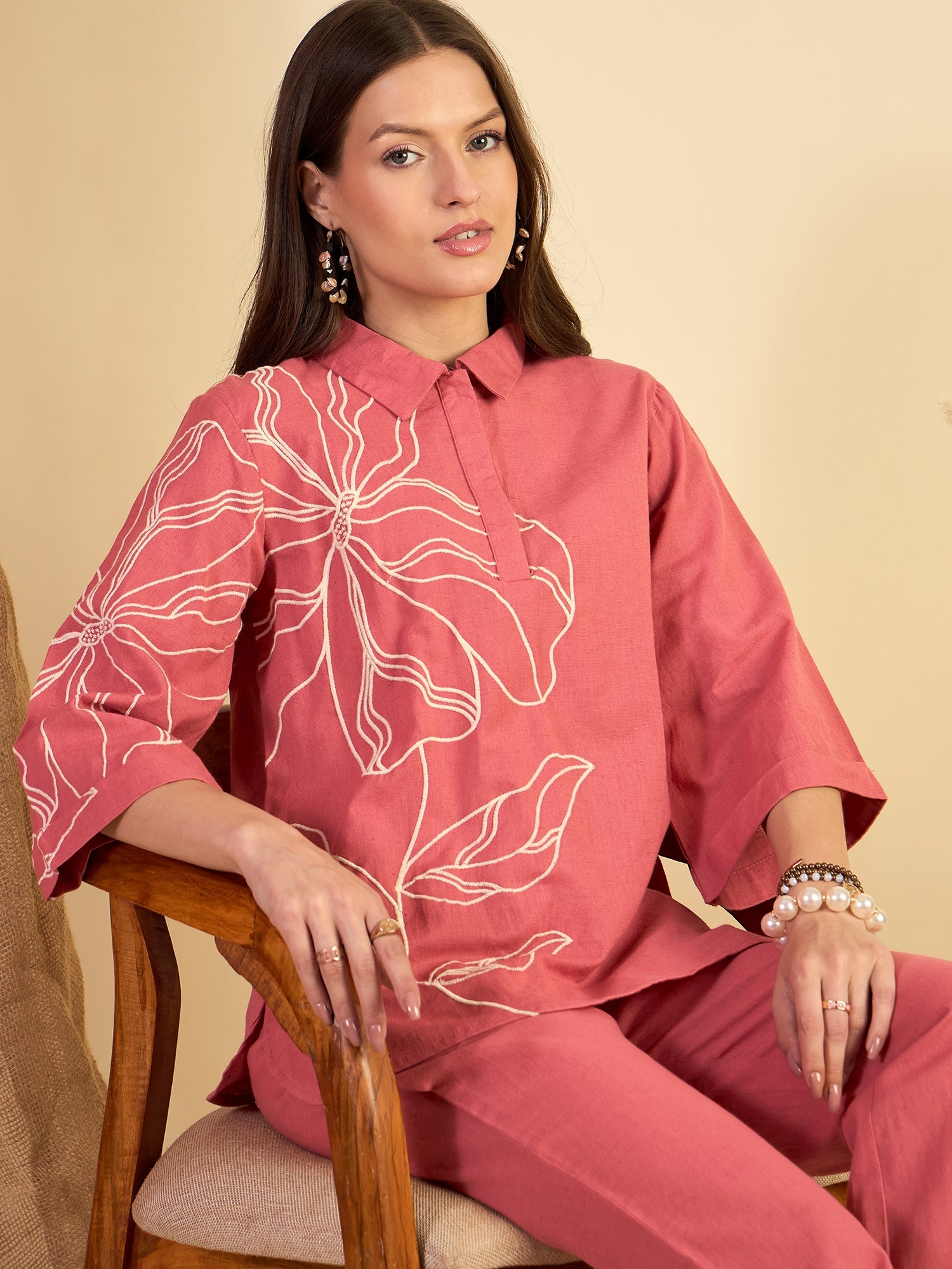 Rust Cotton Embroidered Tunic With Trouser Co-Ords Set