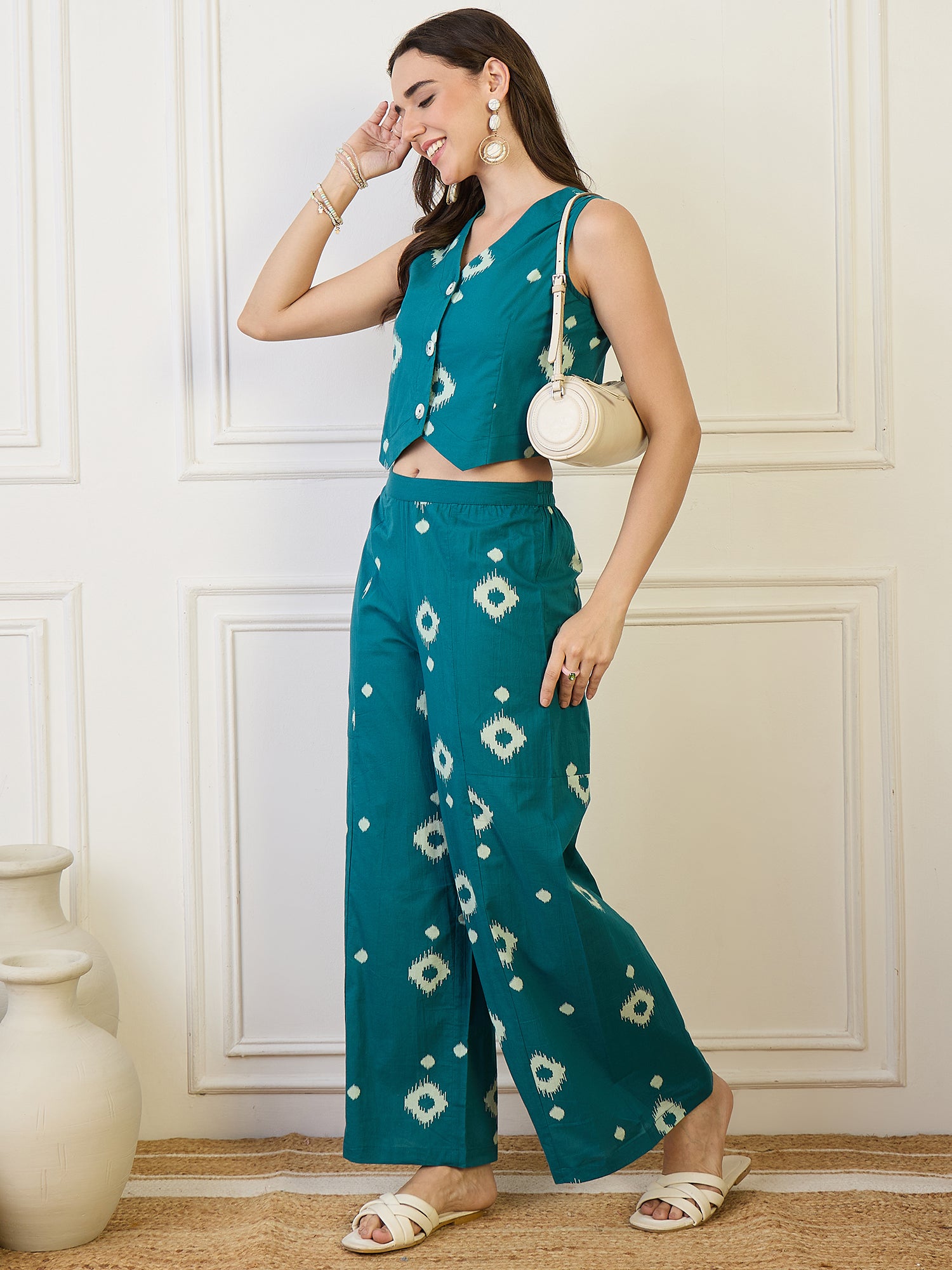 Cotton Ikat Print Top With Palazzos Co-Ords Set