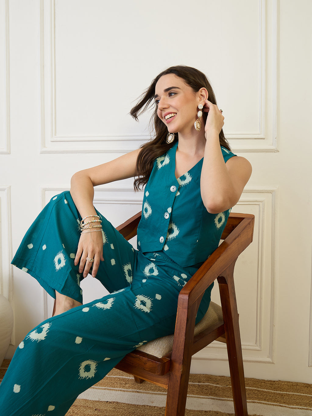 Cotton Ikat Print Top With Palazzos Co-Ords Set