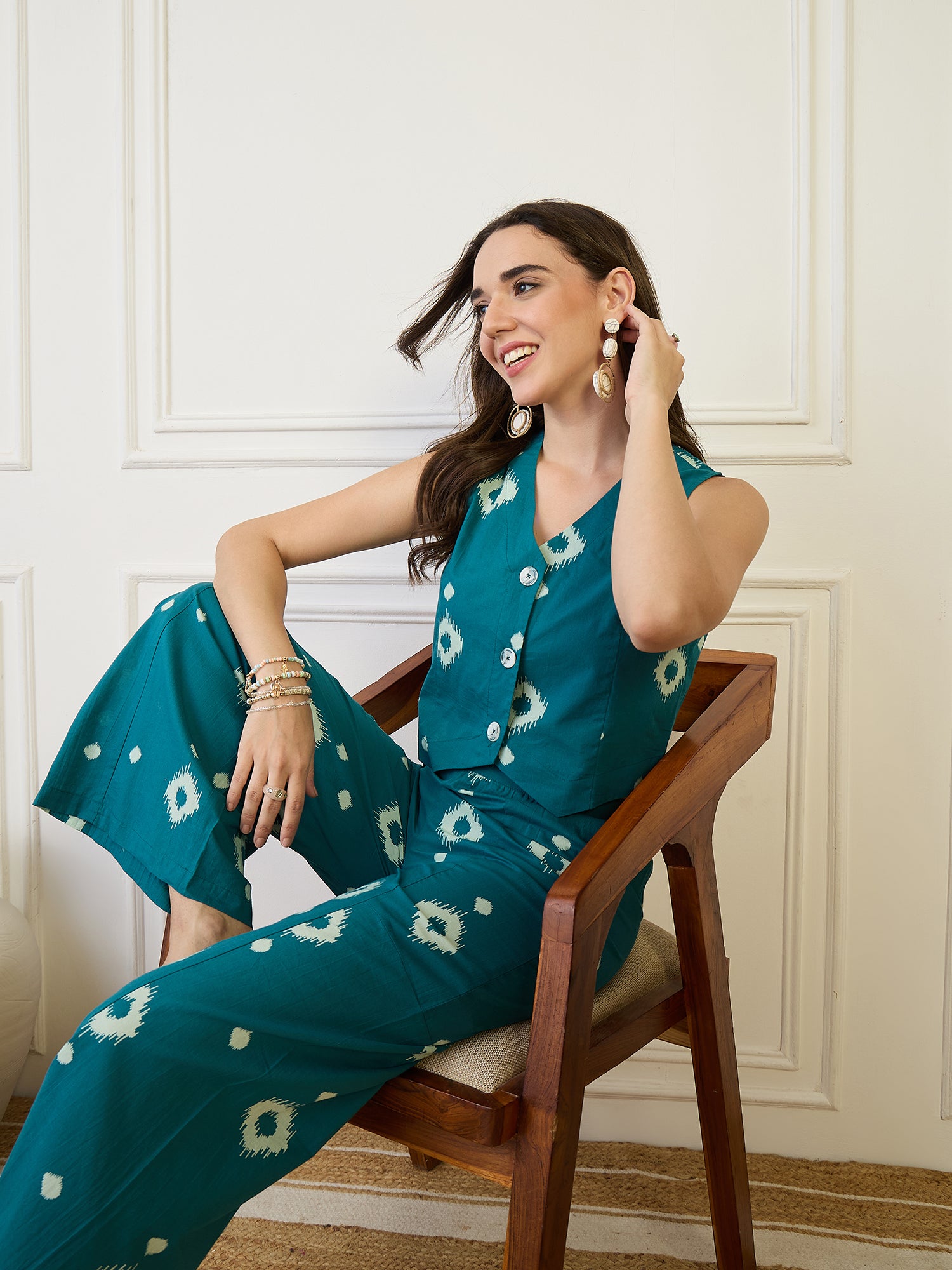 Cotton Ikat Print Top With Palazzos Co-Ords Set
