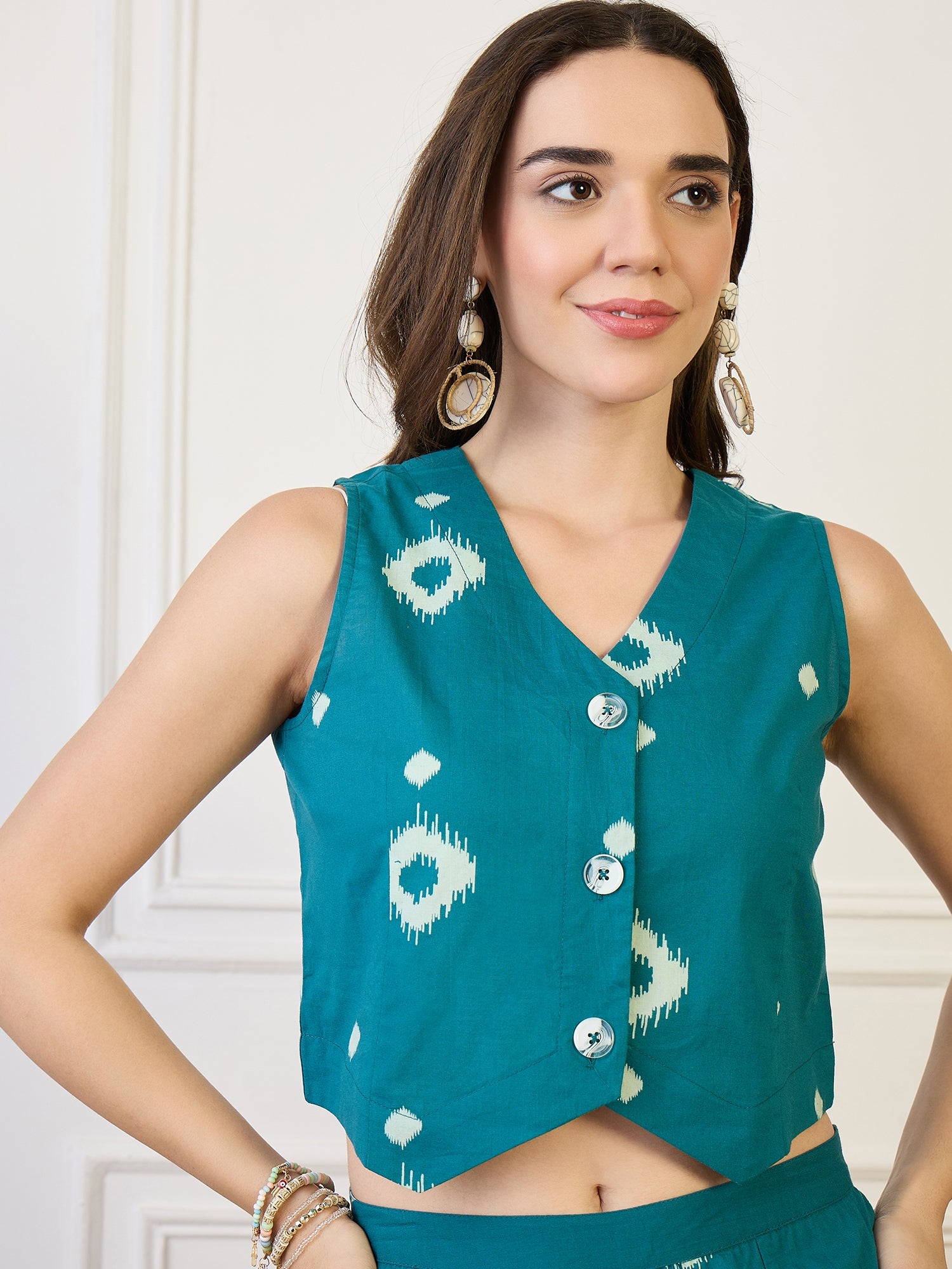 Cotton Ikat Print Top With Palazzos Co-Ords Set