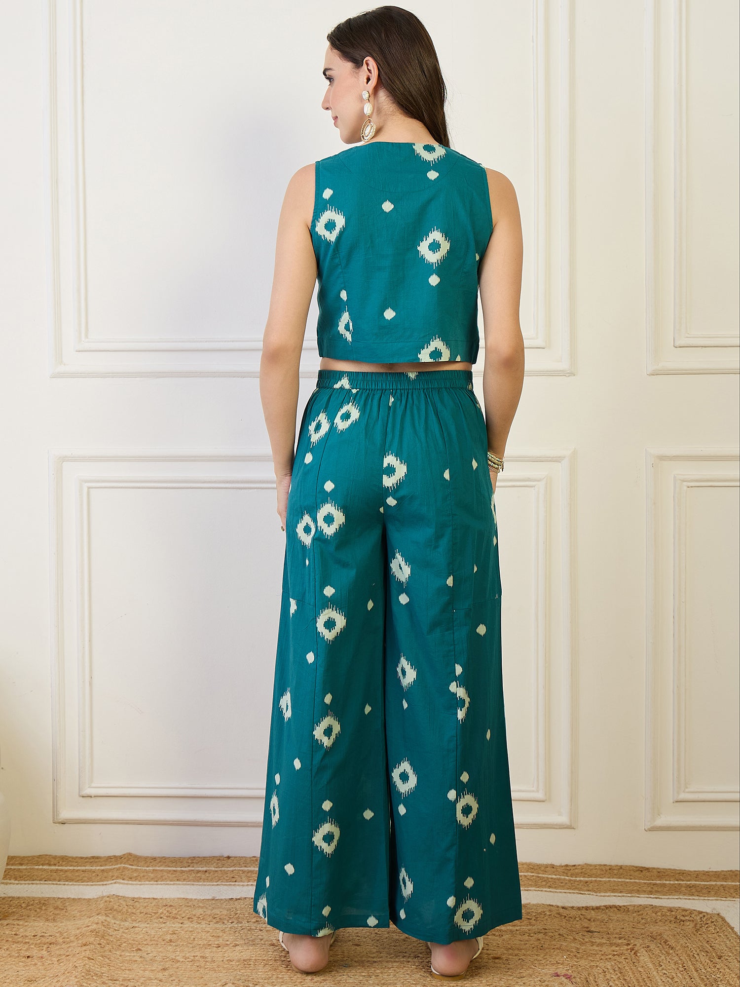 Cotton Ikat Print Top With Palazzos Co-Ords Set