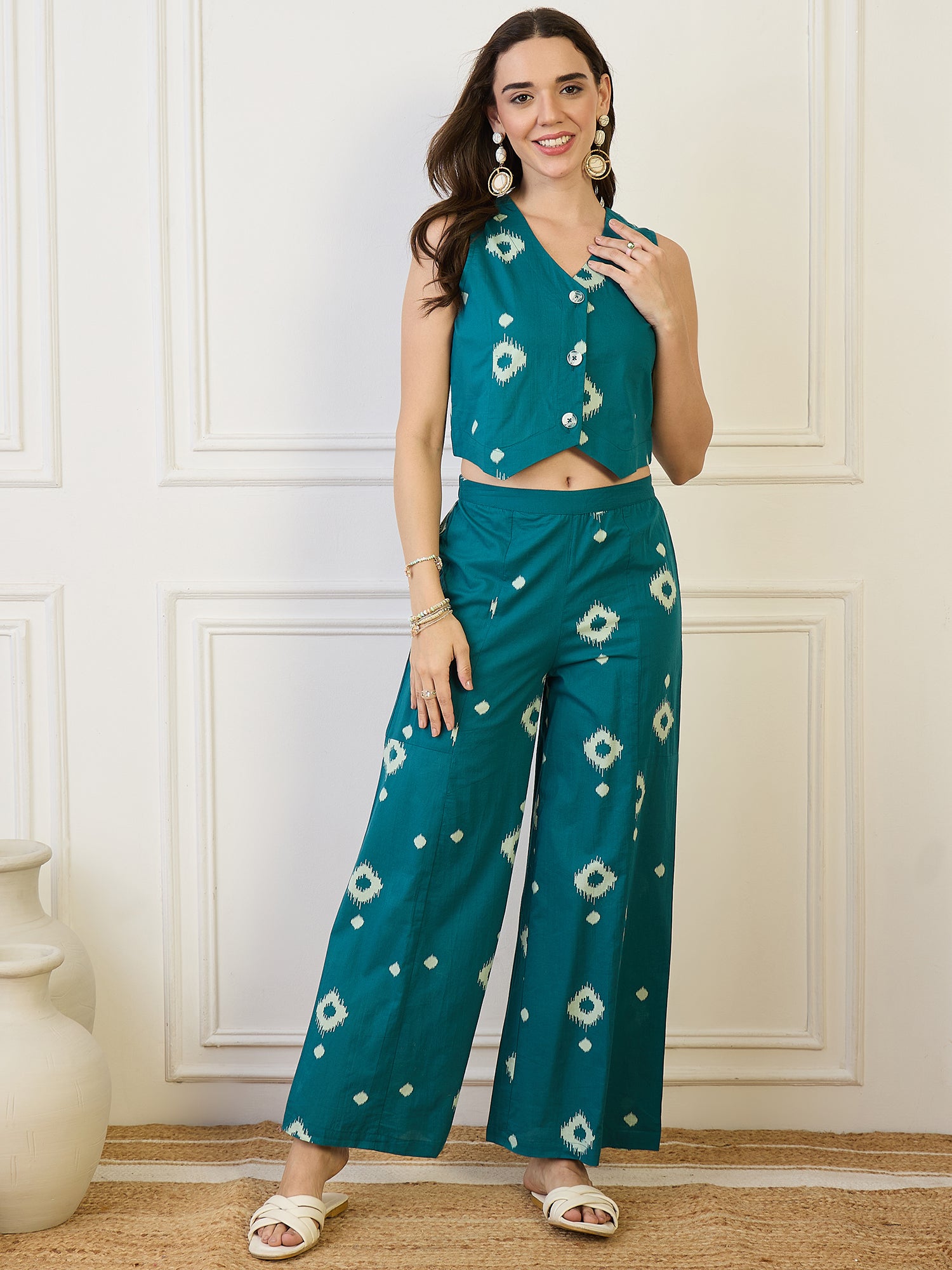 Cotton Ikat Print Top With Palazzos Co-Ords Set