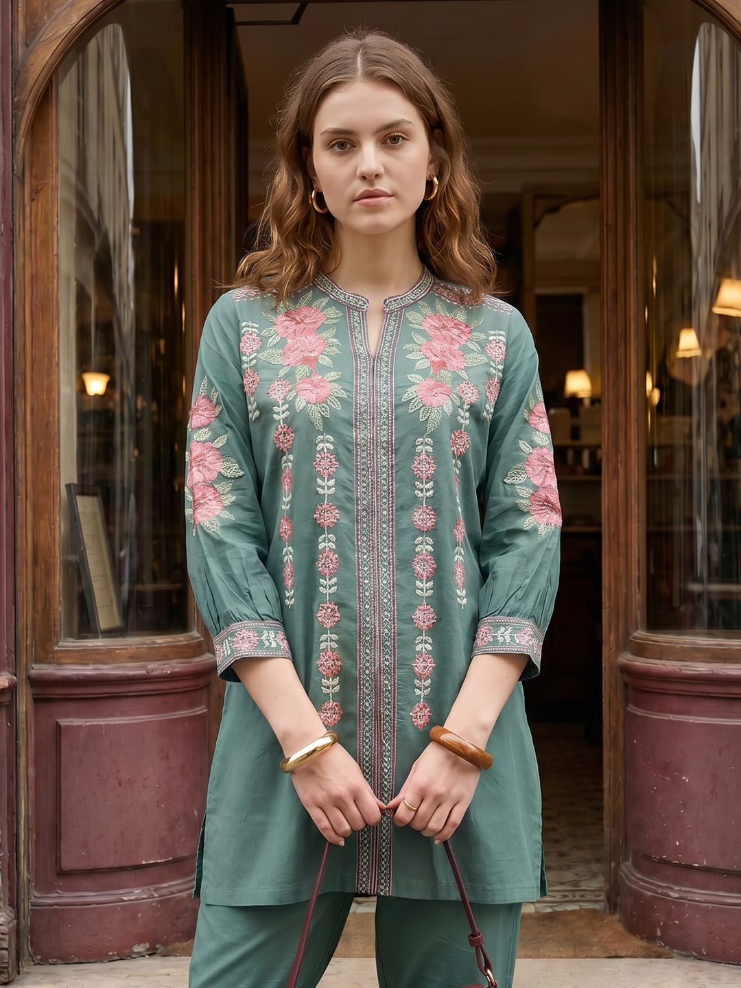 Zummer Green Embroidered Cotton Co-Ord Set