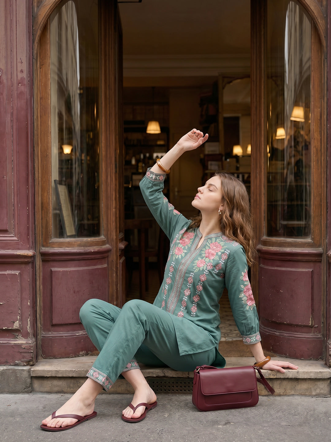 Zummer Green Embroidered Cotton Co-Ord Set