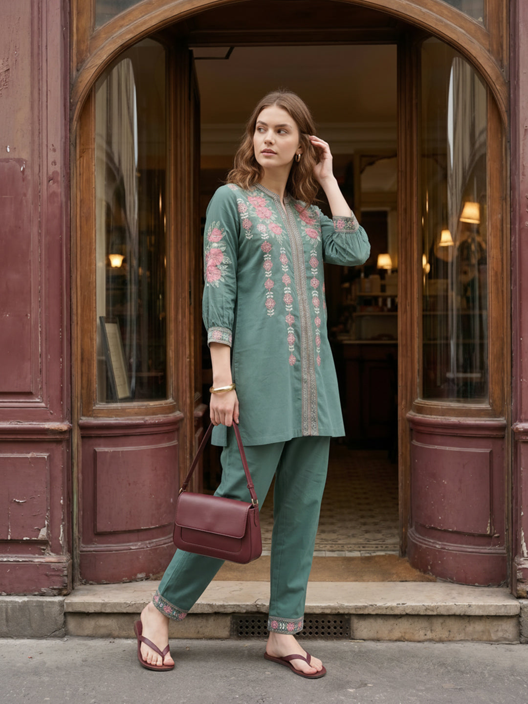 Zummer Green Embroidered Cotton Co-Ord Set