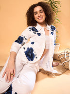 White Cotton Embroidered Shirt With Trouser Co-Ords Set