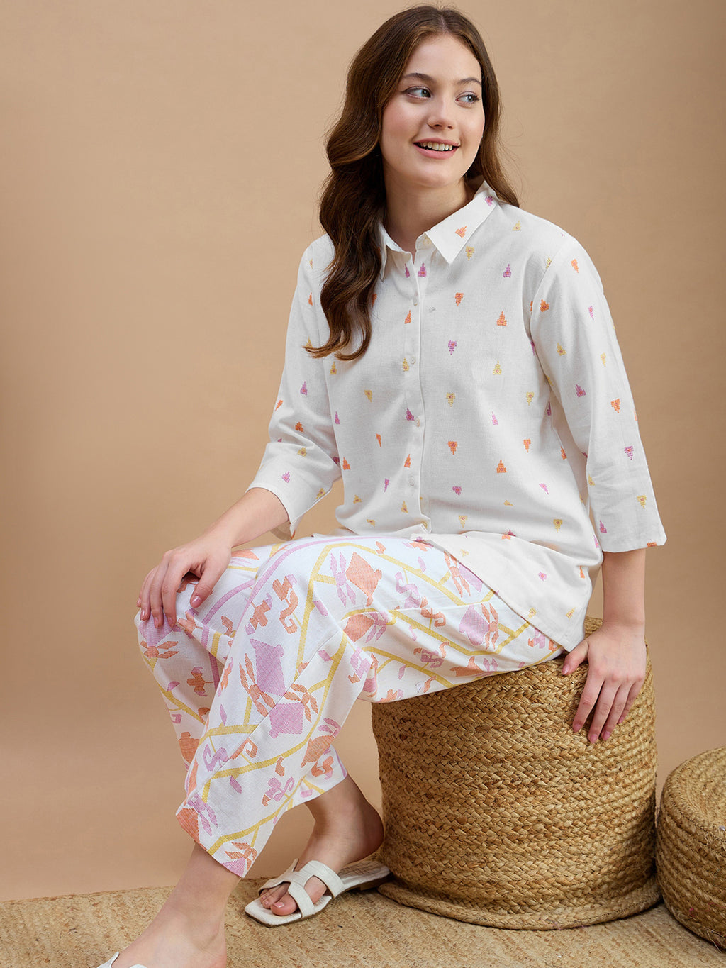 Cotton White Embroidered Shirt With Trouser Co-Ords Set