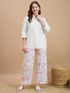 Cotton White Embroidered Shirt With Trouser Co-Ords Set