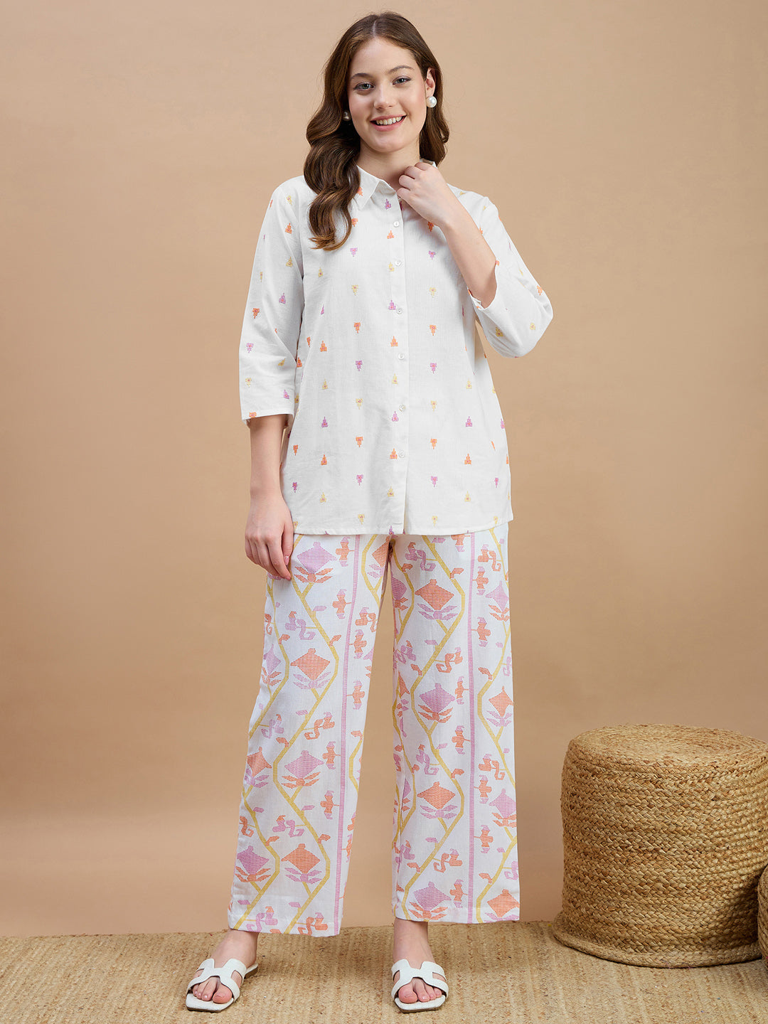 Cotton White Embroidered Shirt With Trouser Co-Ords Set