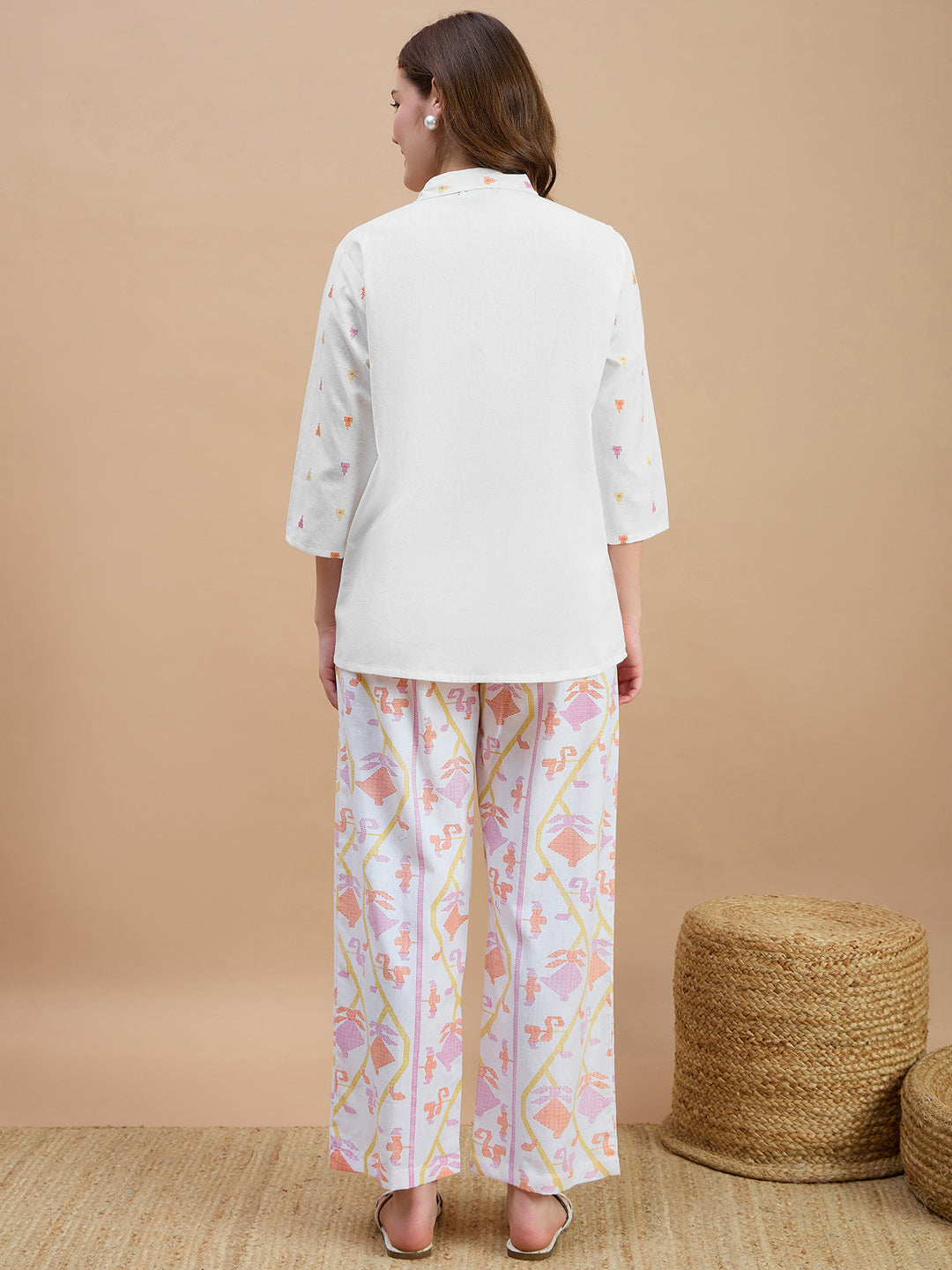 Cotton White Embroidered Shirt With Trouser Co-Ords Set