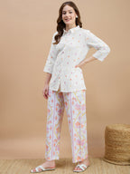 Cotton White Embroidered Shirt With Trouser Co-Ords Set