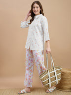 Cotton White Embroidered Shirt With Trouser Co-Ords Set