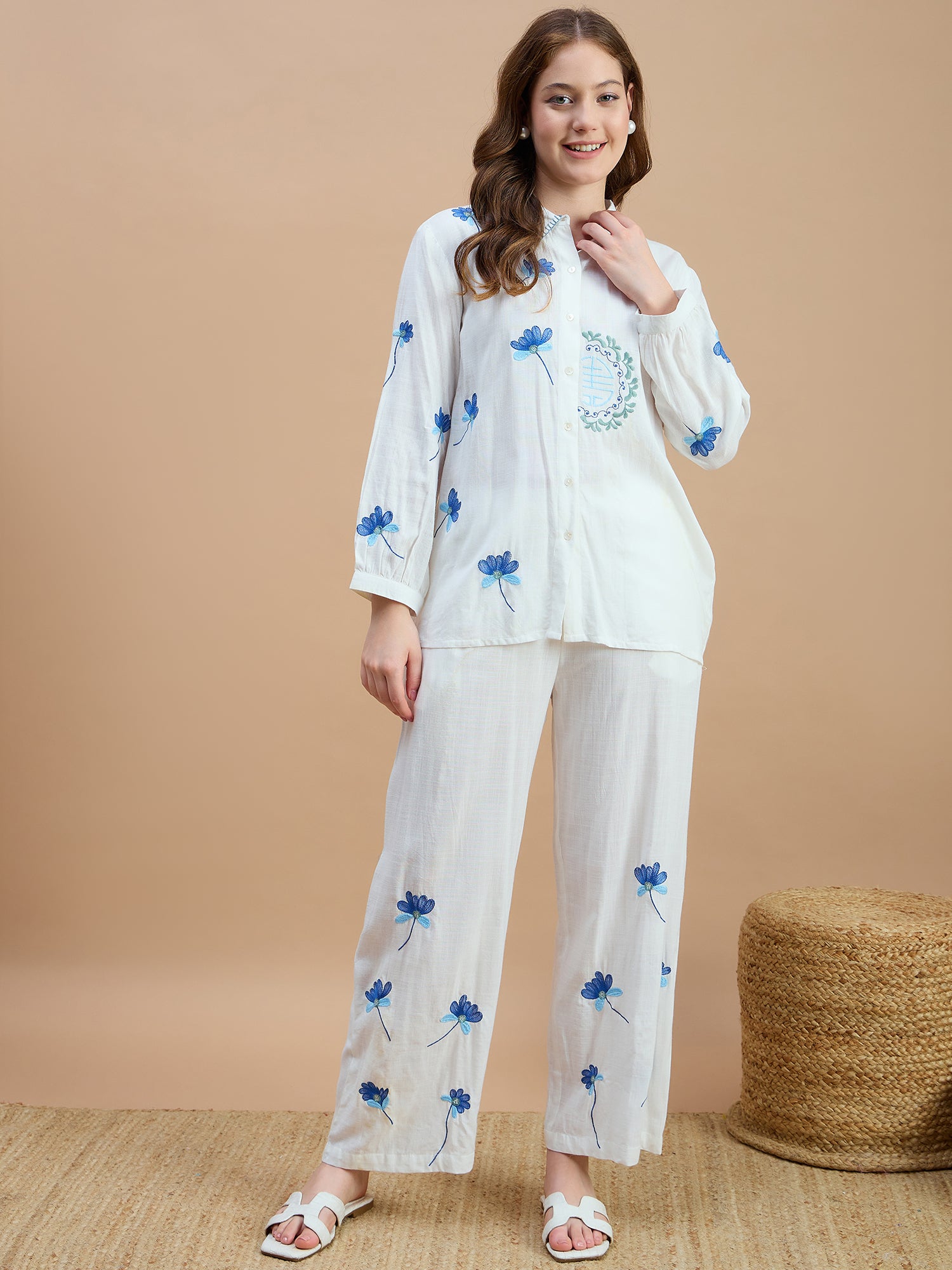 Zummer Cotton Floral Embroidered Shirt & Trouser Co-Ord Set