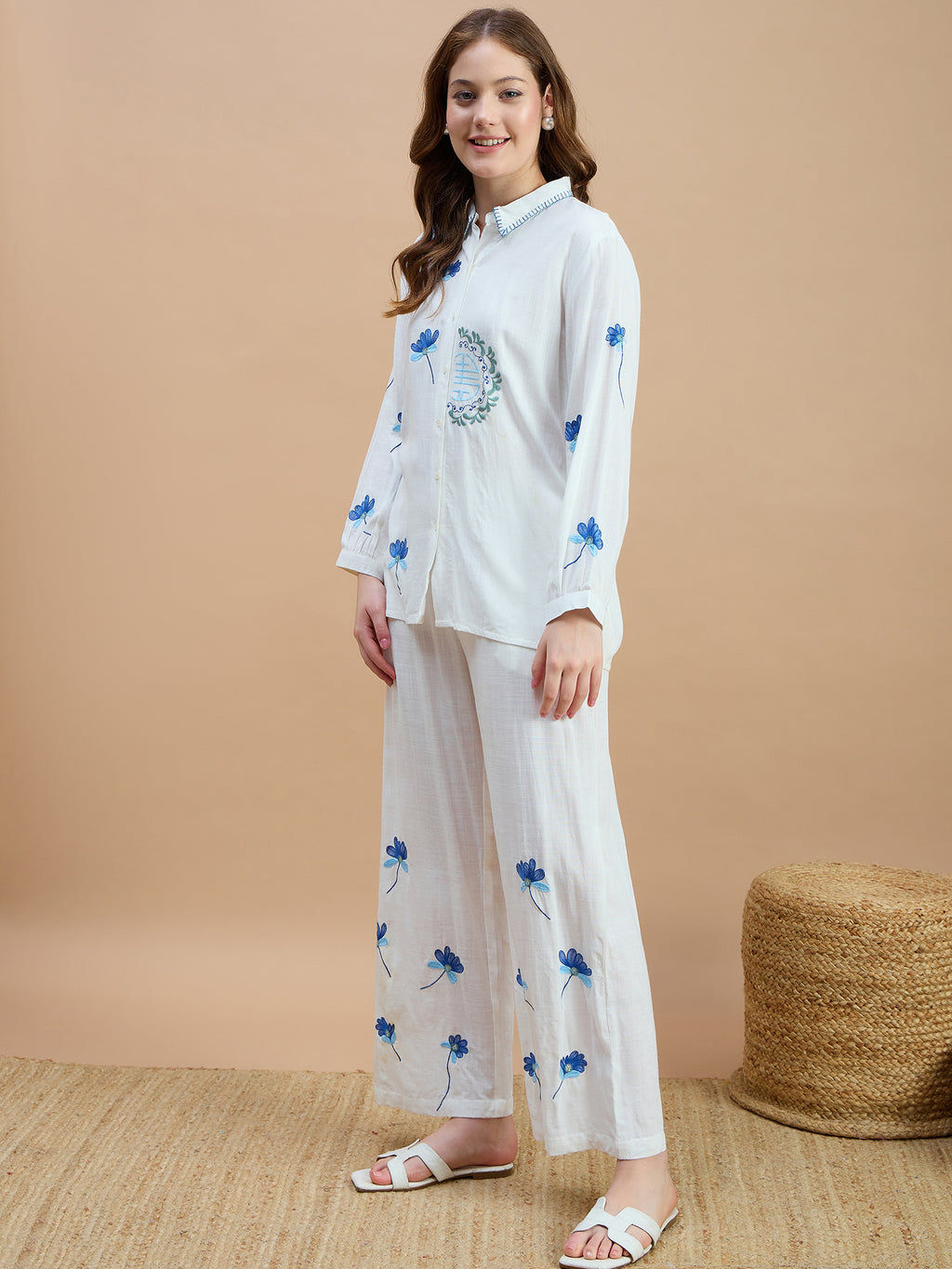 Zummer Cotton Floral Embroidered Shirt & Trouser Co-Ord Set