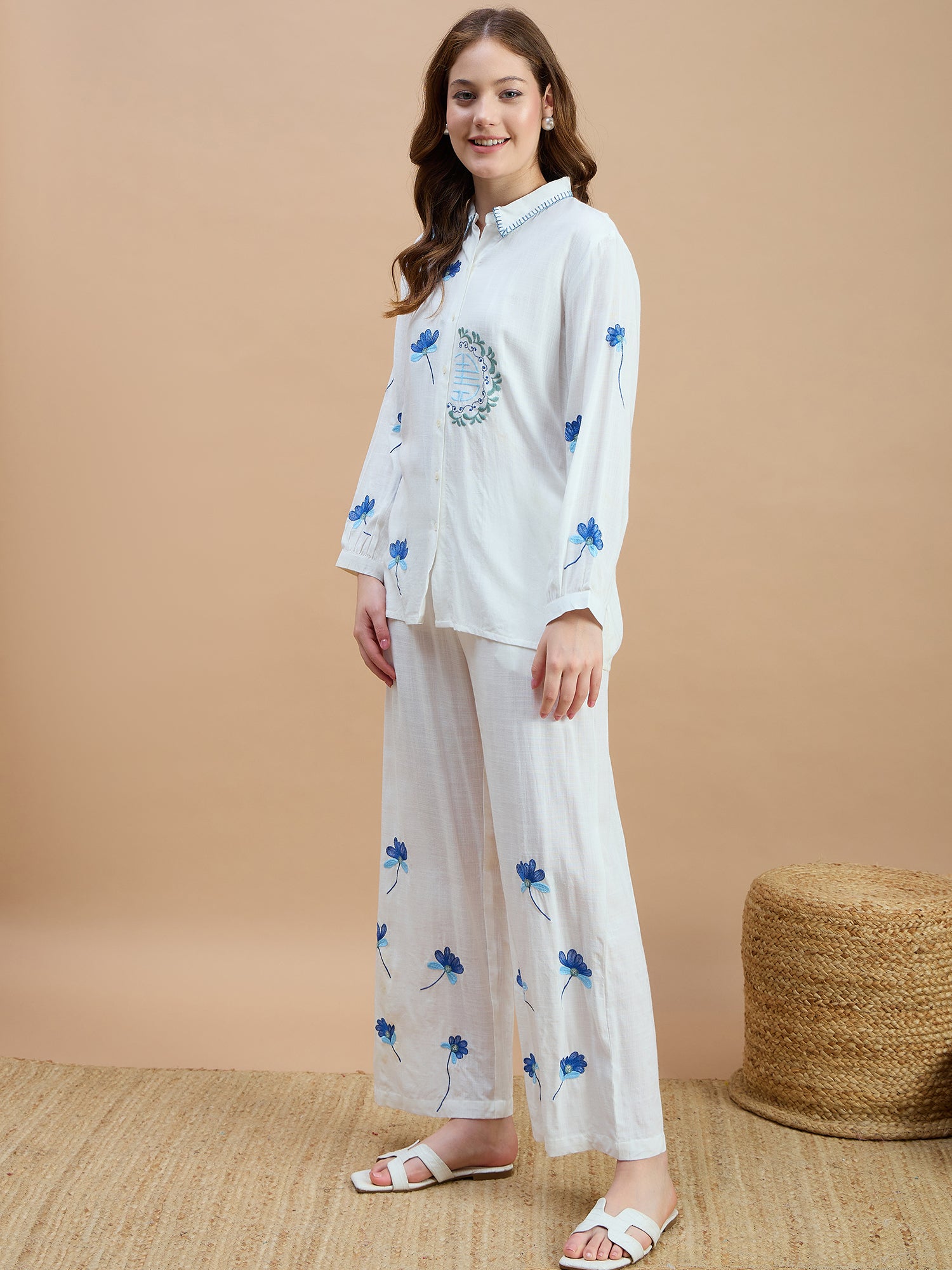 Zummer Cotton Floral Embroidered Shirt & Trouser Co-Ord Set
