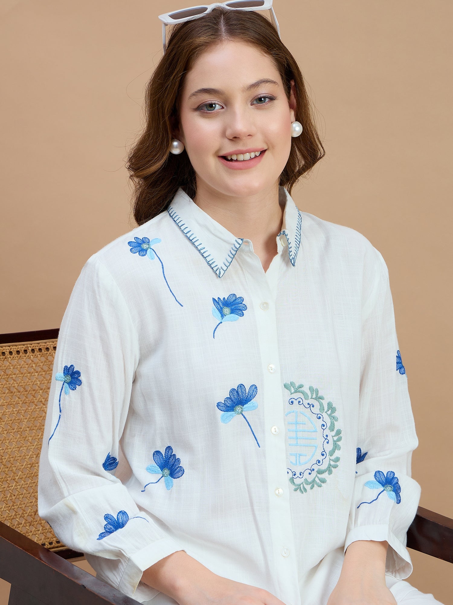 Zummer Cotton Floral Embroidered Shirt & Trouser Co-Ord Set
