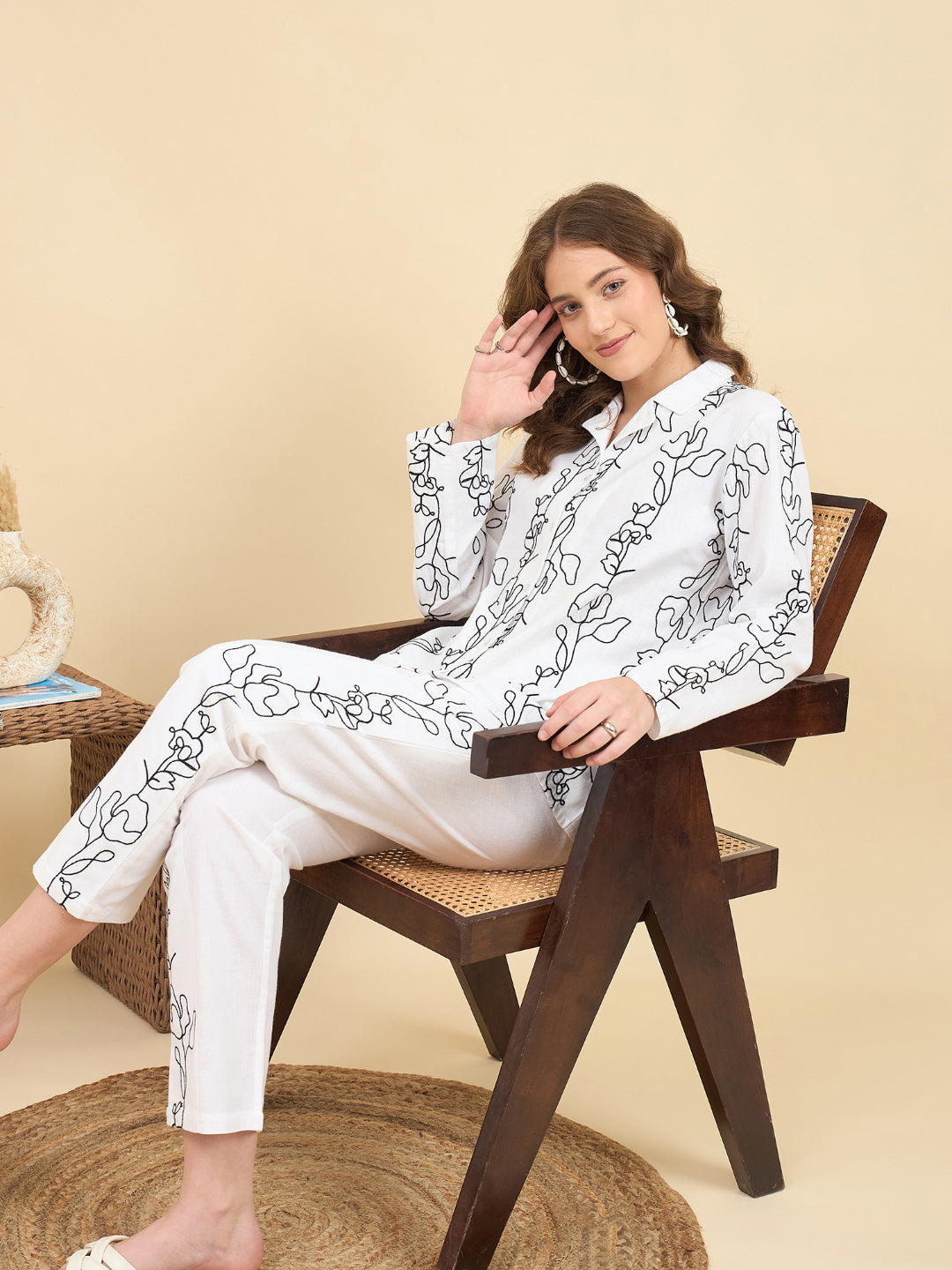 White Embroidered Shirt & Trouser Co-Ord Set