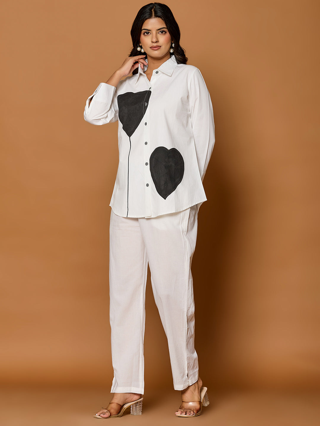 Cotton White Colourblocked Shirt With Trouser Co-Ords Set