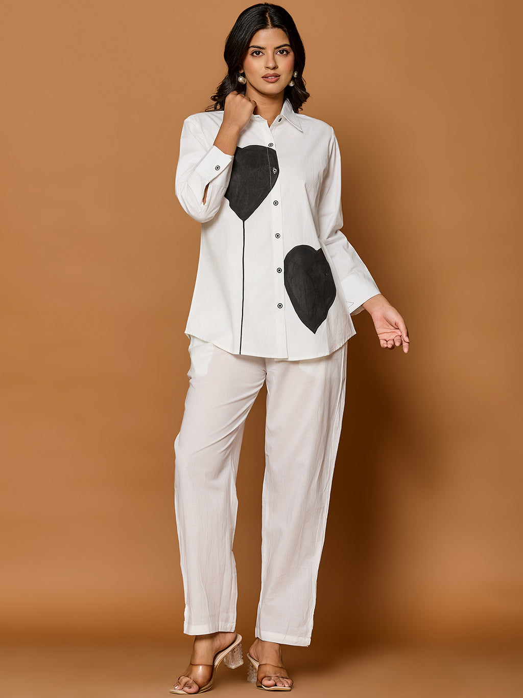 Cotton White Colourblocked Shirt With Trouser Co-Ords Set
