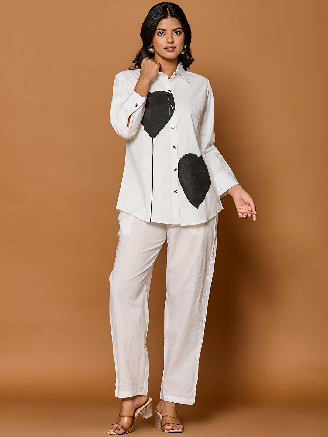 Cotton White Colourblocked Shirt With Trouser Co-Ords Set