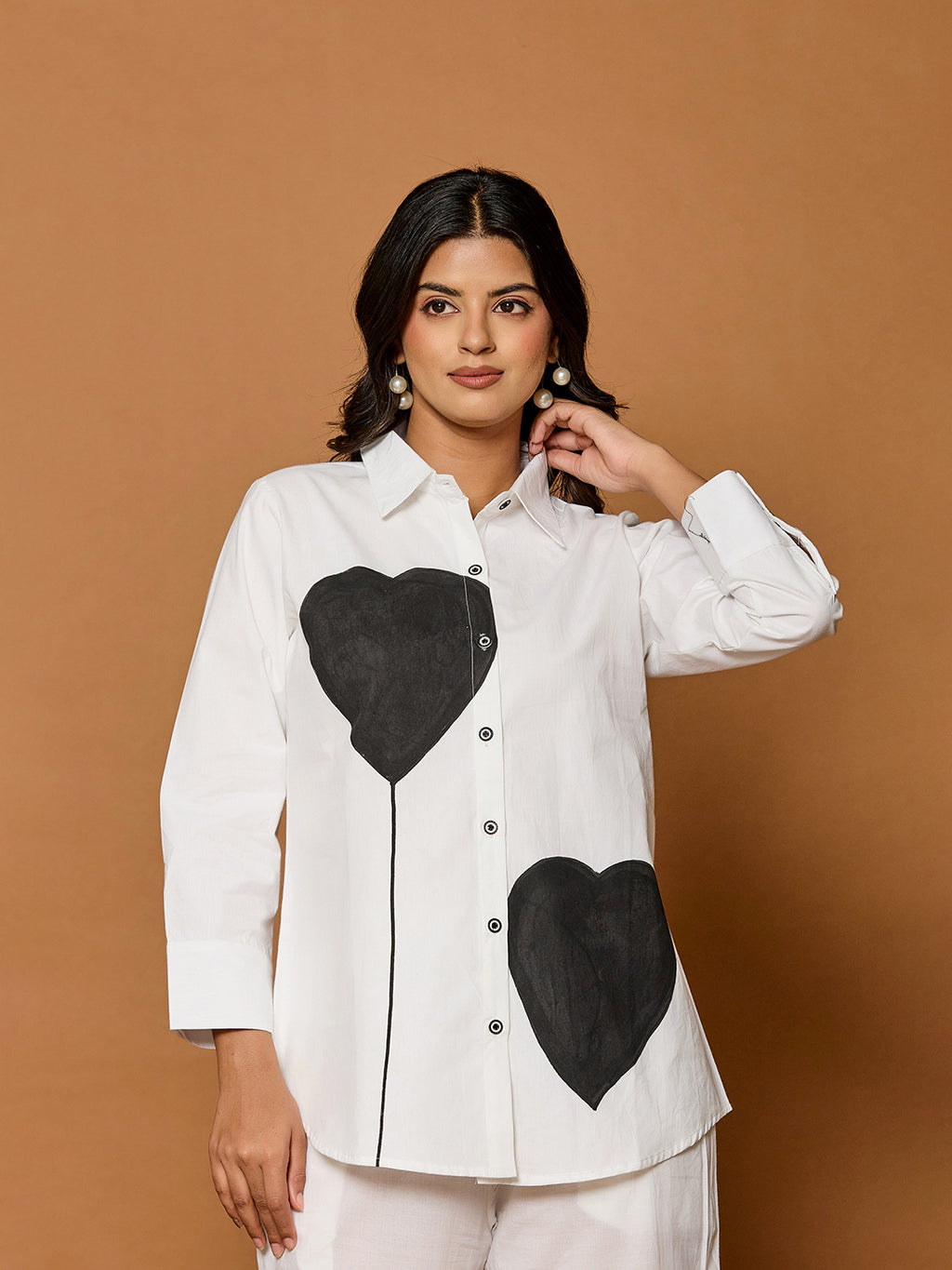 Cotton White Colourblocked Shirt With Trouser Co-Ords Set