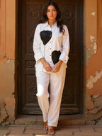 Cotton White Colourblocked Shirt With Trouser Co-Ords Set