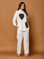 Cotton White Colourblocked Shirt With Trouser Co-Ords Set