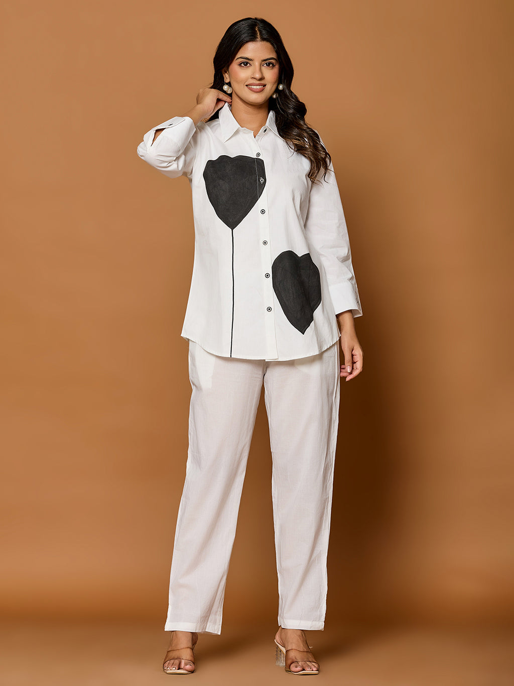Cotton White Colourblocked Shirt With Trouser Co-Ords Set
