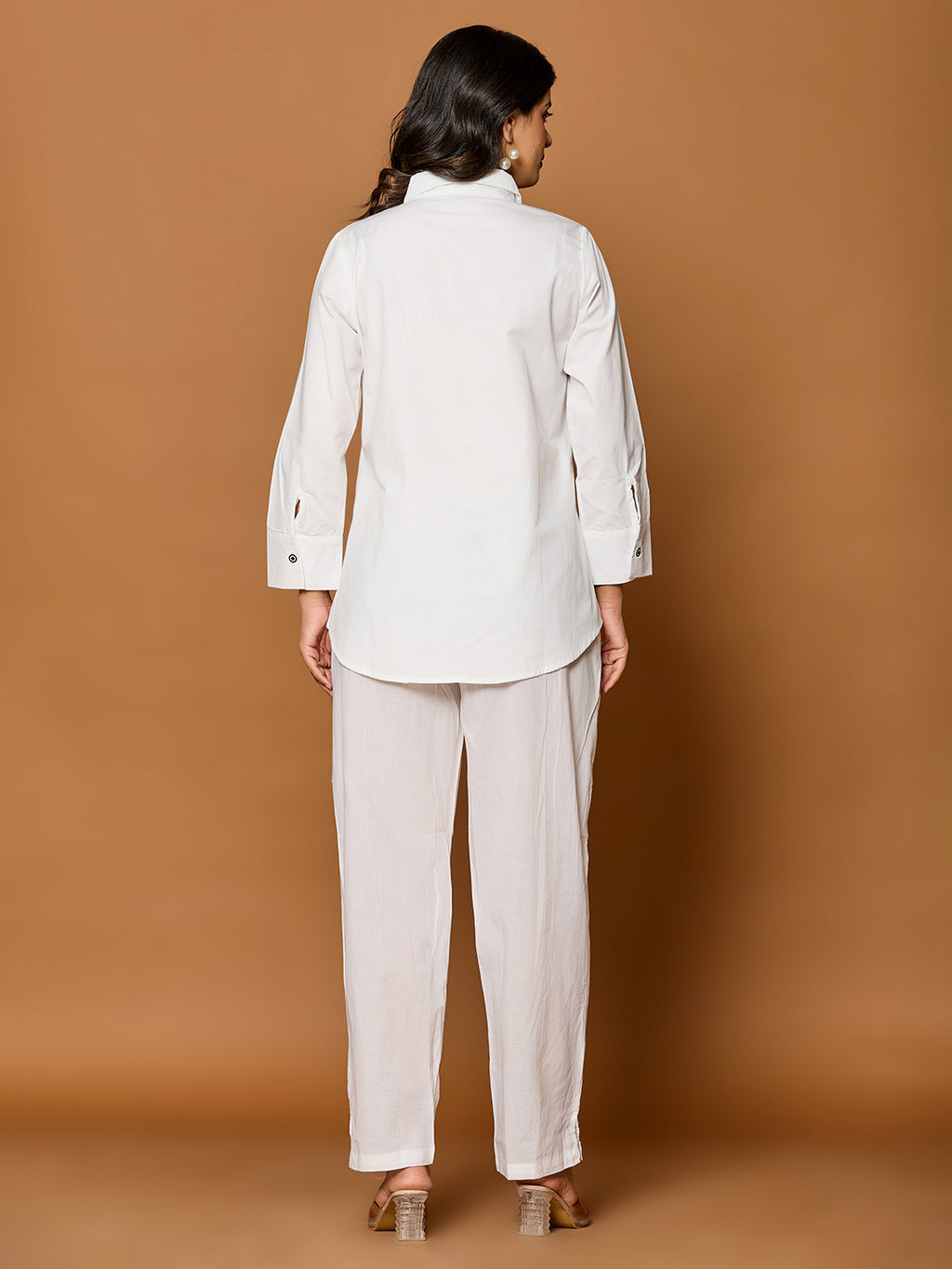 Cotton White Colourblocked Shirt With Trouser Co-Ords Set