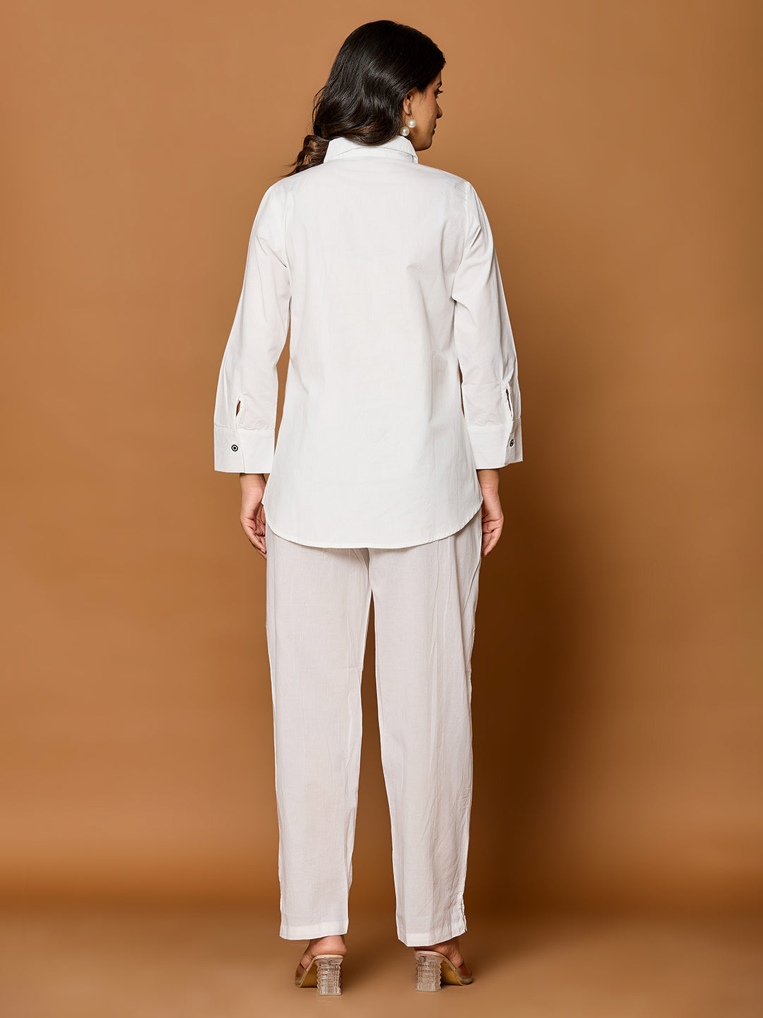Cotton White Colourblocked Shirt With Trouser Co-Ords Set