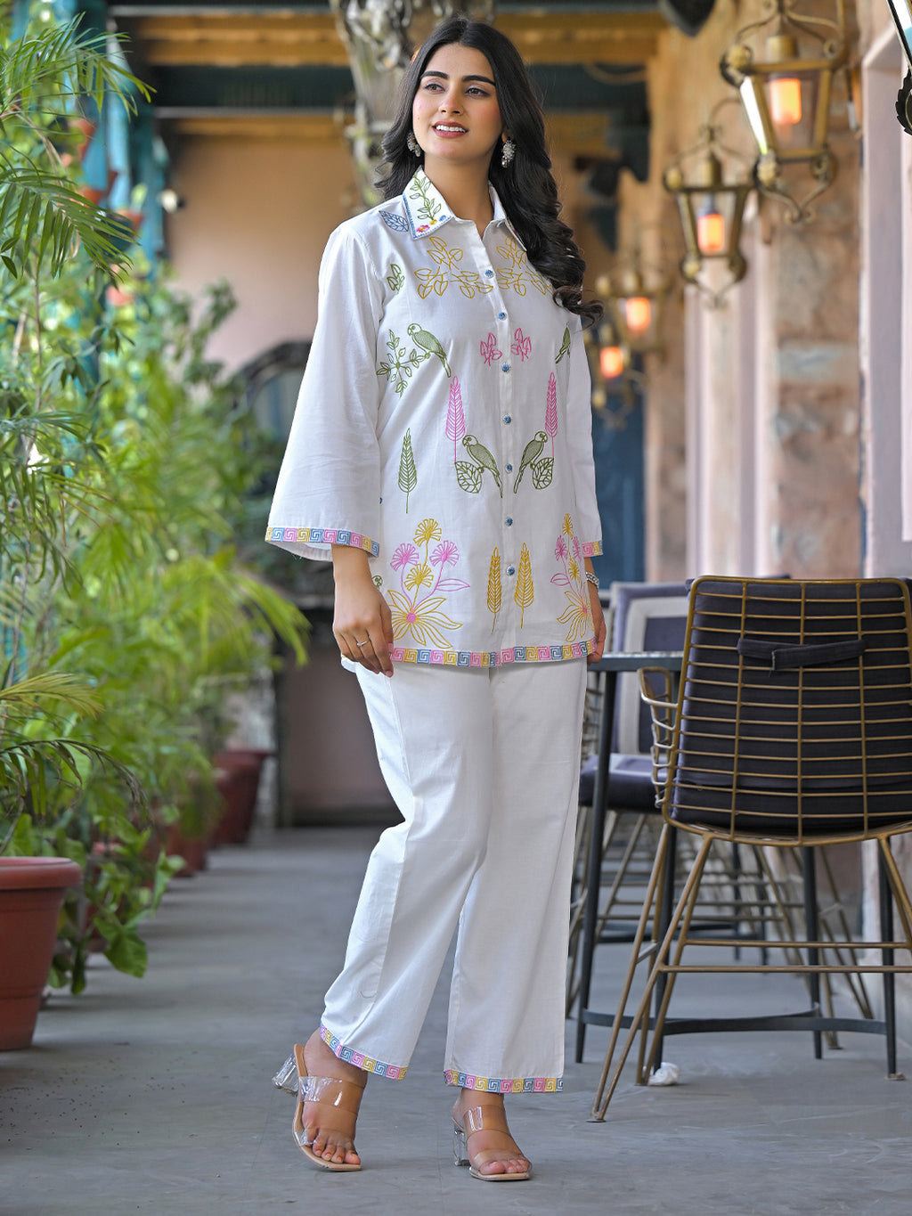 Cotton Tropical Embroidered Shirt With Trouser Co-Ords Set