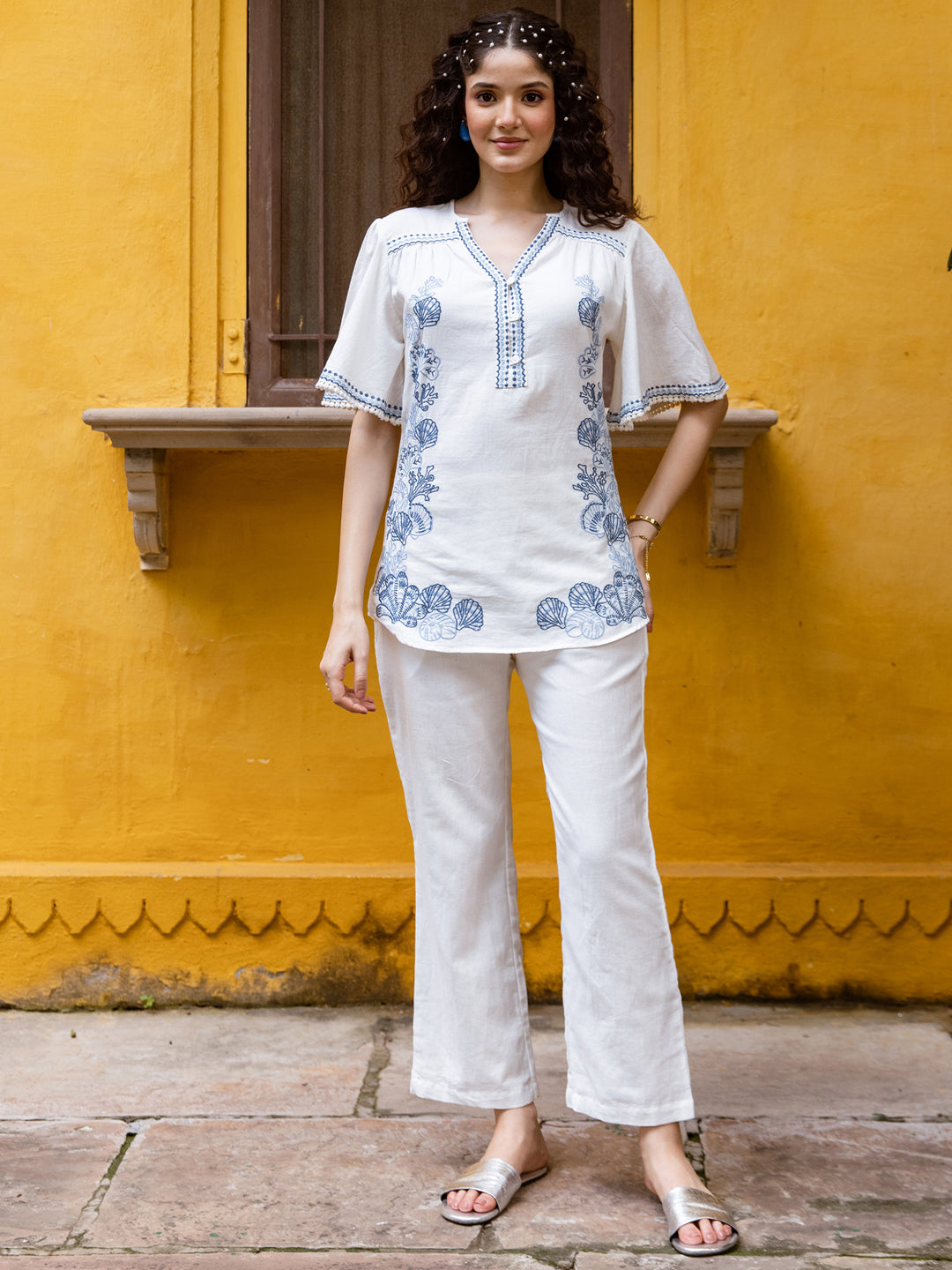 Cotton Embroidered Tunic With Trouser Co-Ords Set