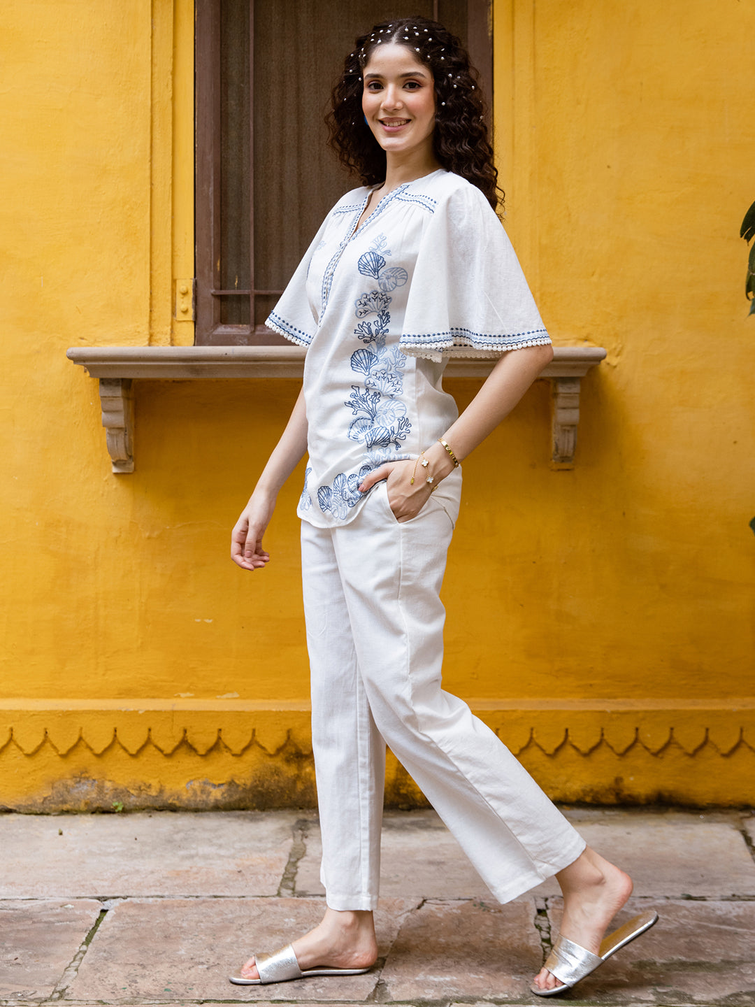 Cotton Embroidered Tunic With Trouser Co-Ords Set