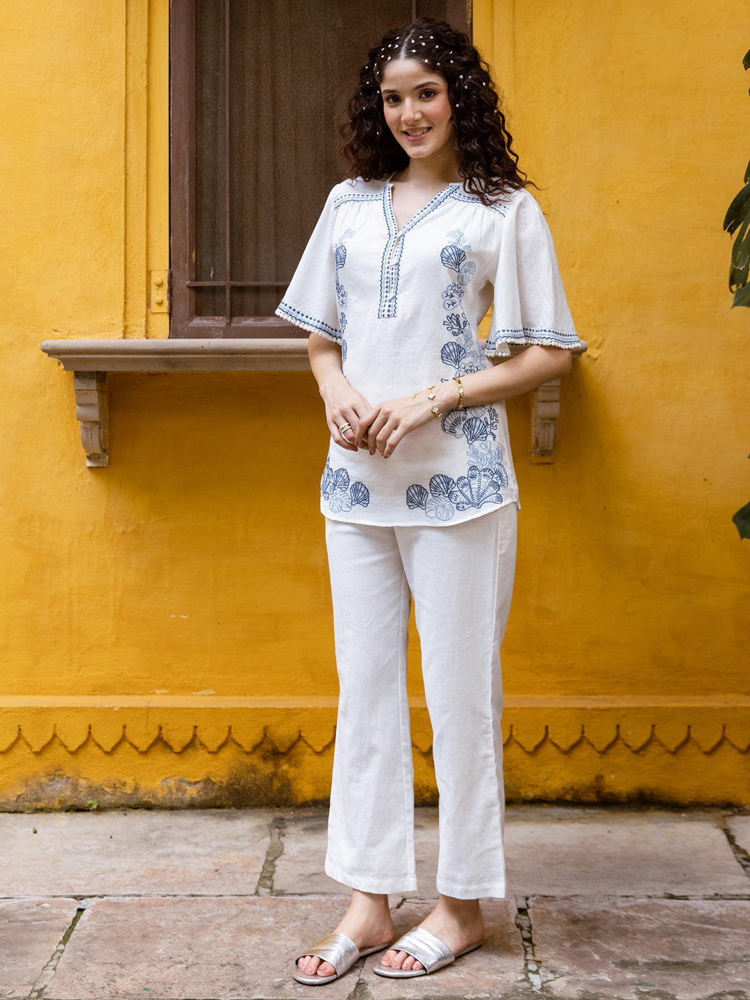 Cotton Embroidered Tunic With Trouser Co-Ords Set