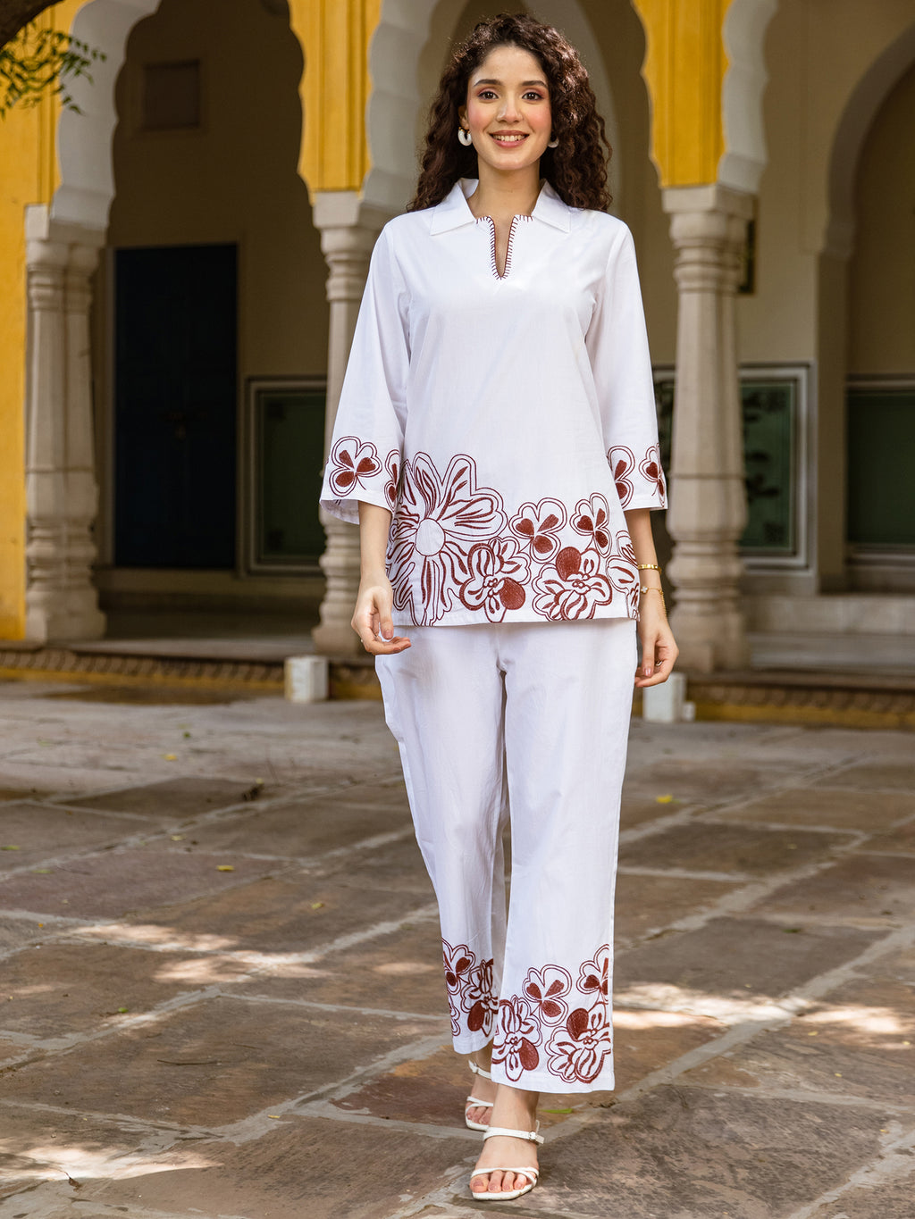 Cotton Embroidered Tunic With Trouser Co-Ords Set