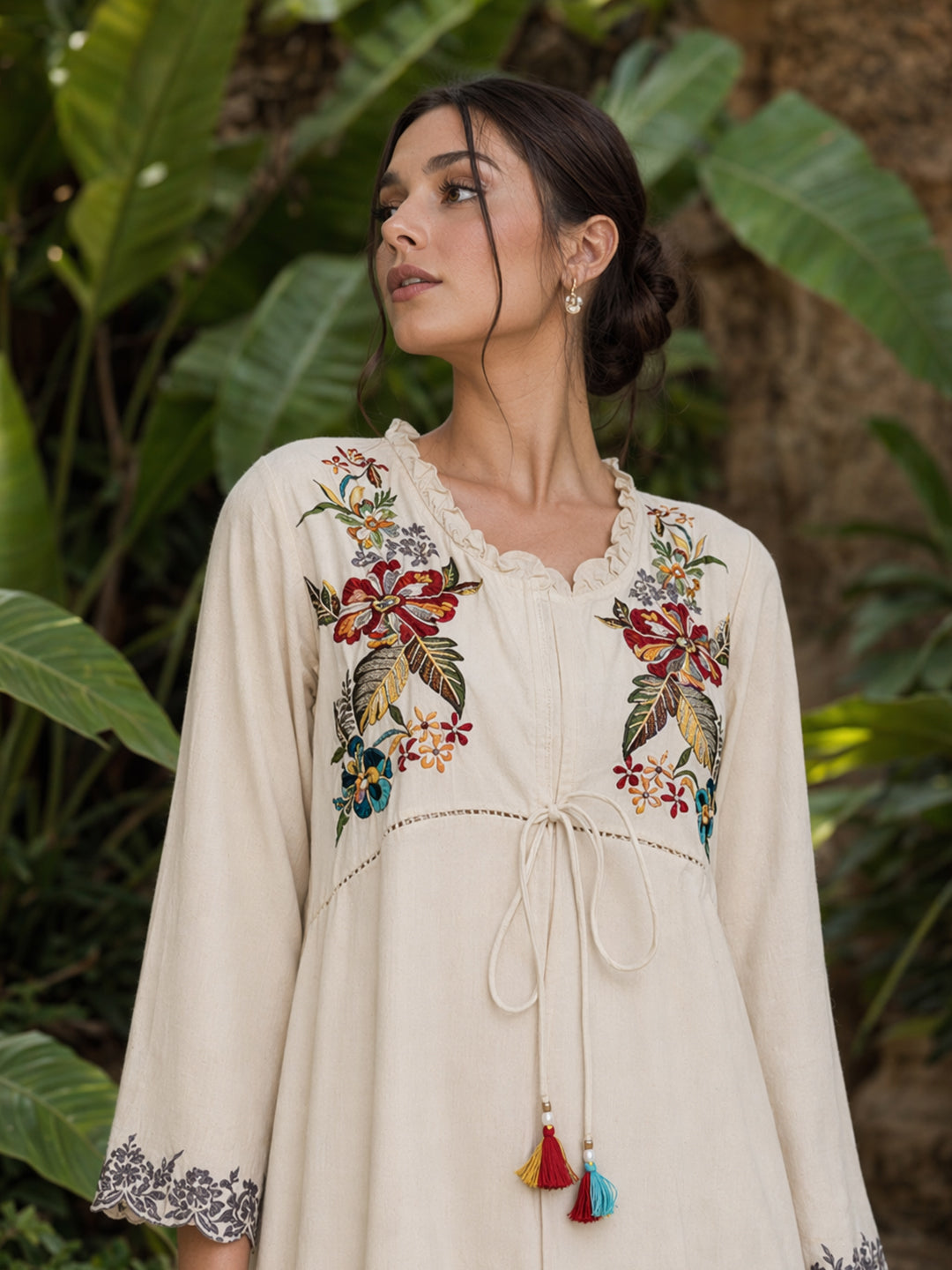 Zummer Off-White Embellished Cotton Co-Ord Set for Women