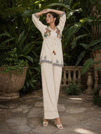 Zummer Off-White Embellished Cotton Co-Ord Set for Women