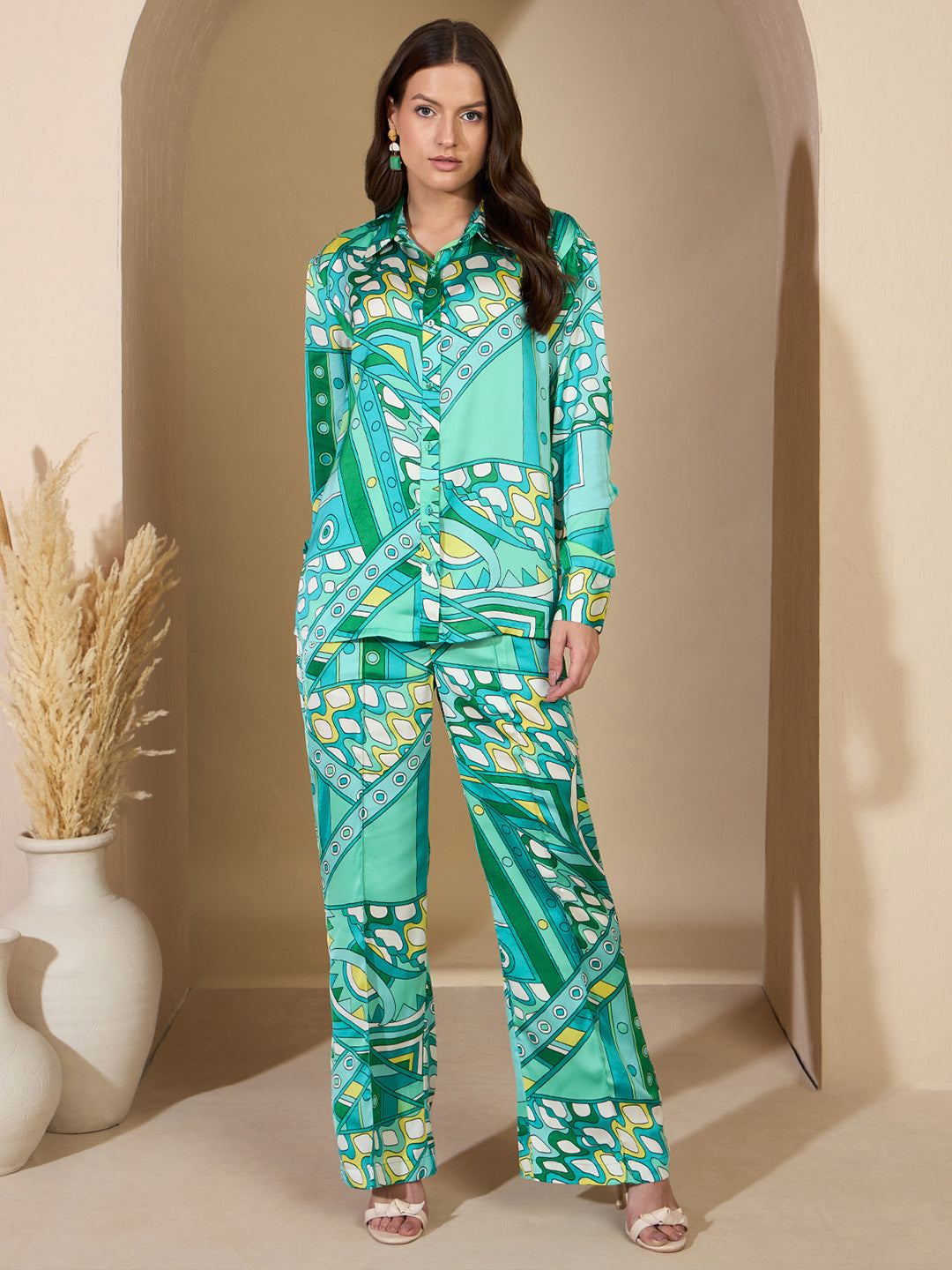 Blue Abstract Satin Shirt With Darted Pants