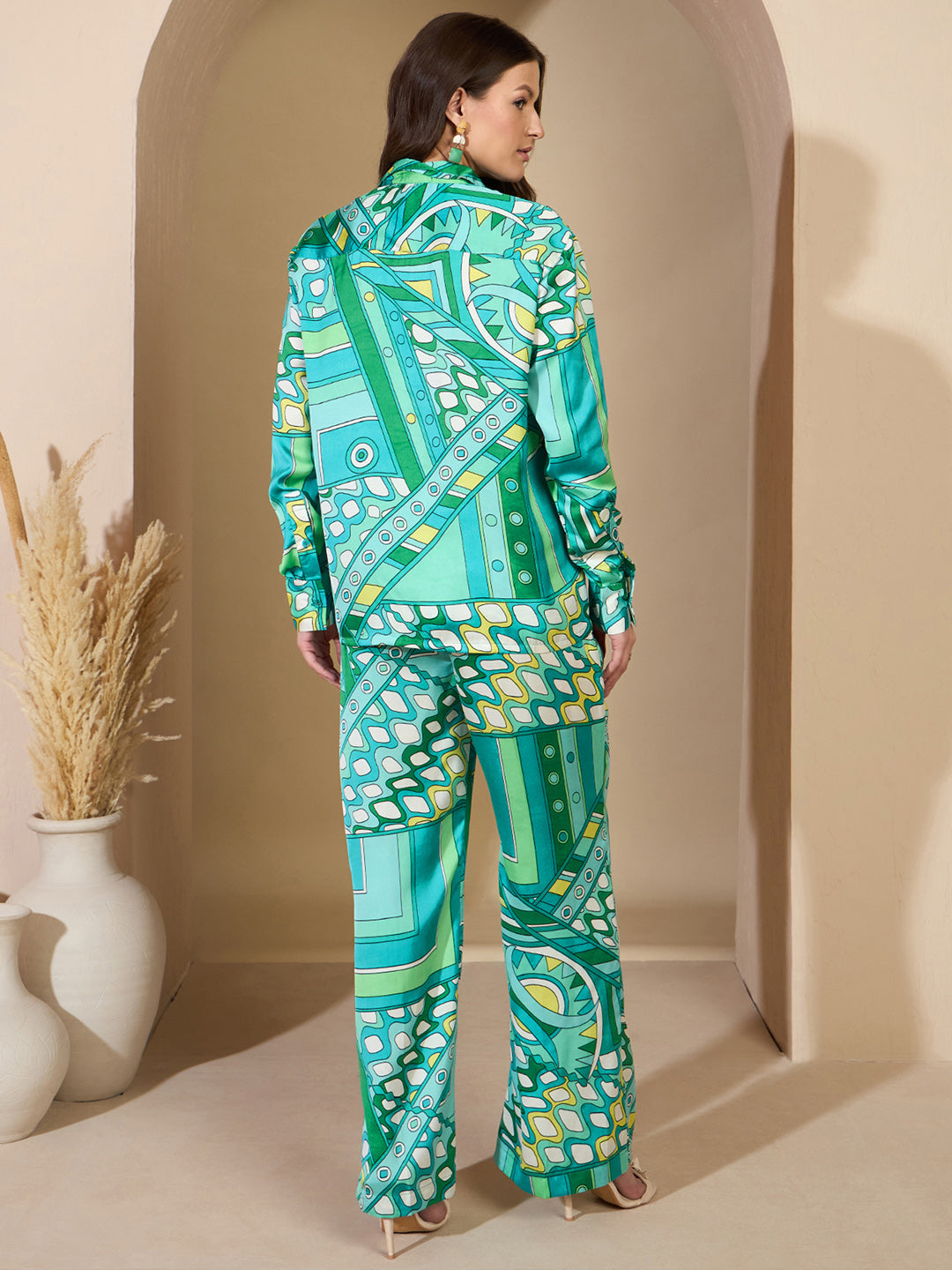 Blue Abstract Satin Shirt With Darted Pants