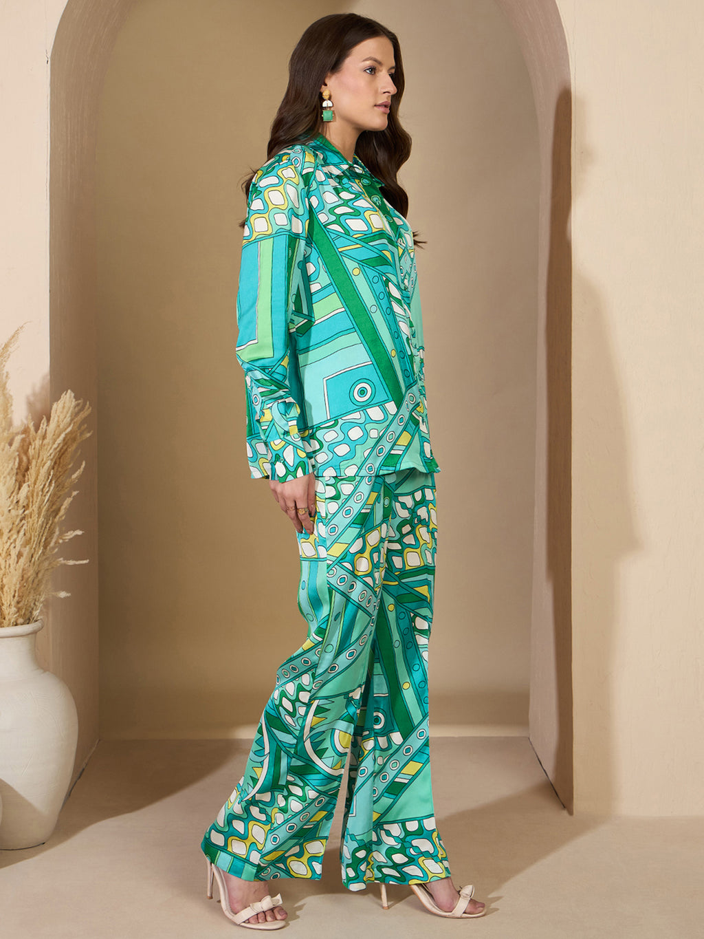 Blue Abstract Satin Shirt With Darted Pants