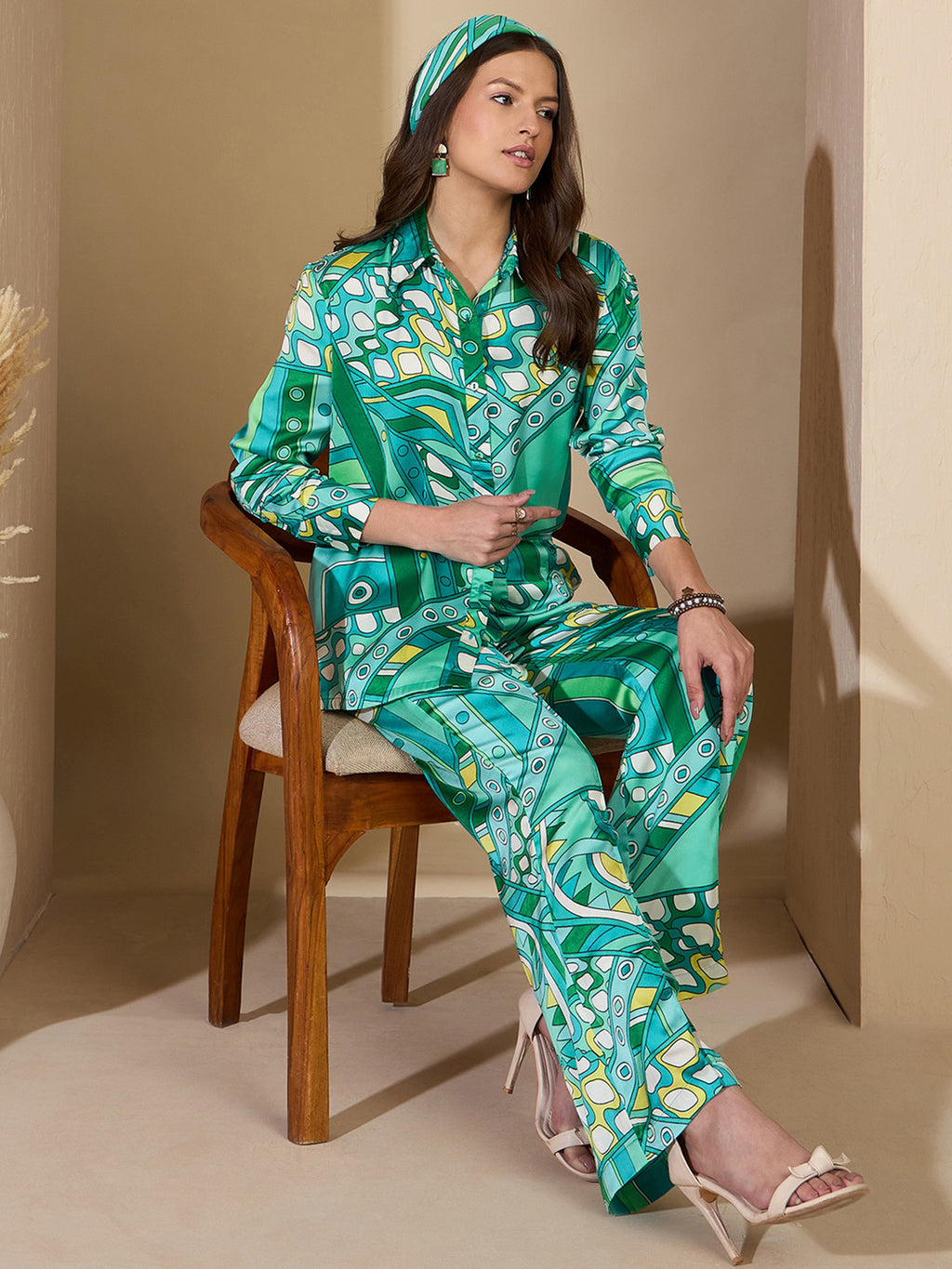Blue Abstract Satin Shirt With Darted Pants